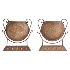 Retro Patinated Metal Plant Vessels on Stands, Pair