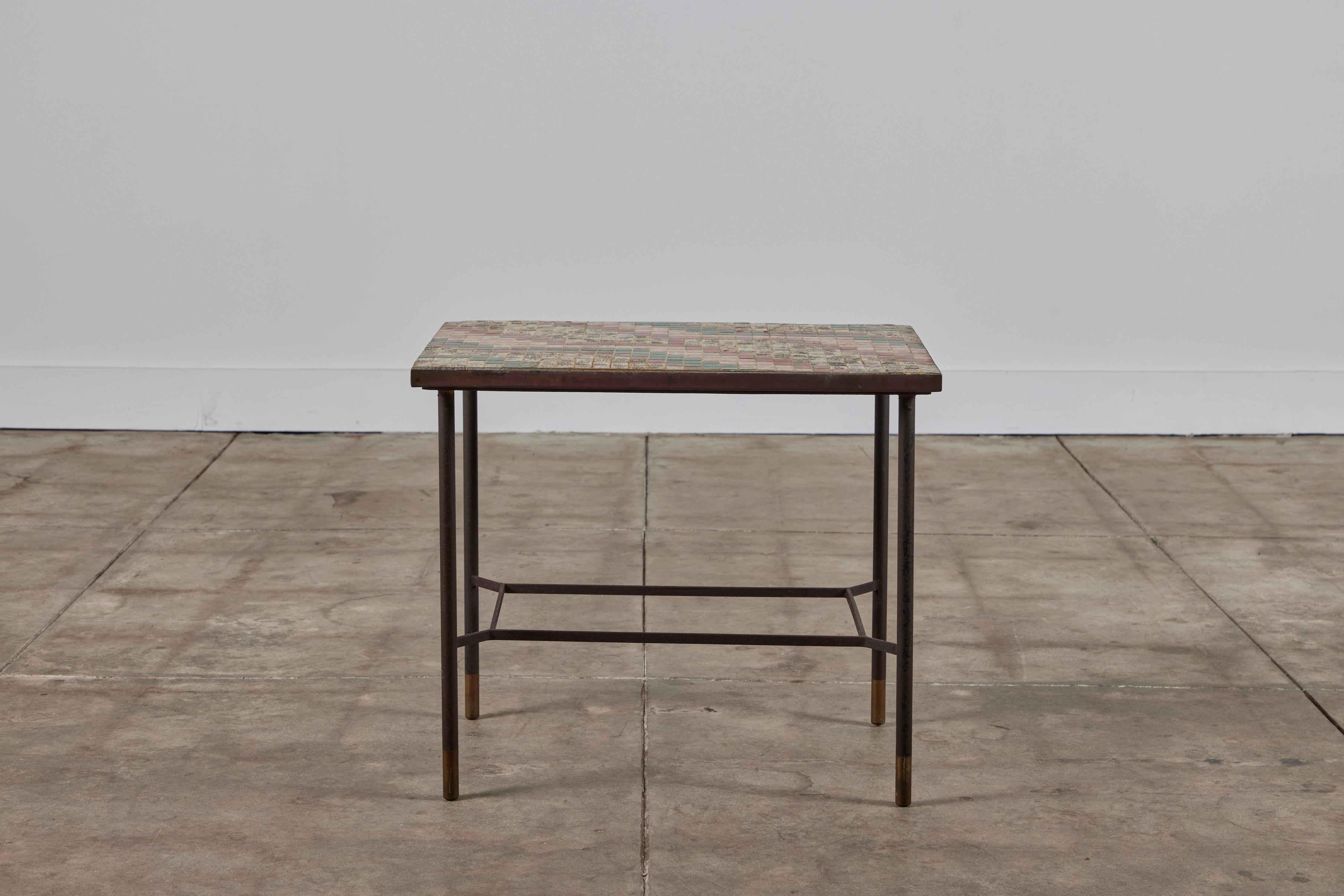 Mid-Century Modern Patinated Metal Side Table with Mosaic Tile Top