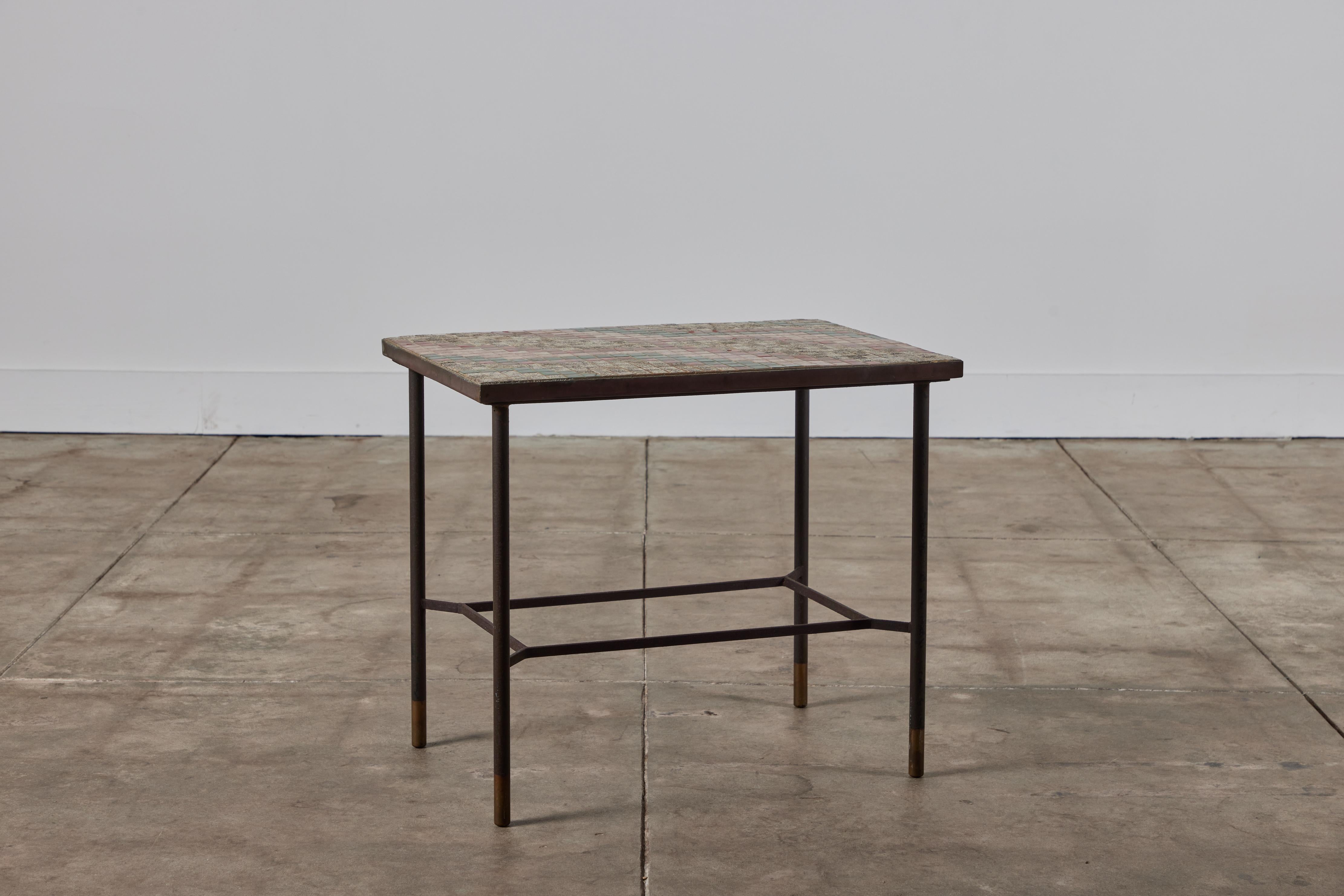 American Patinated Metal Side Table with Mosaic Tile Top