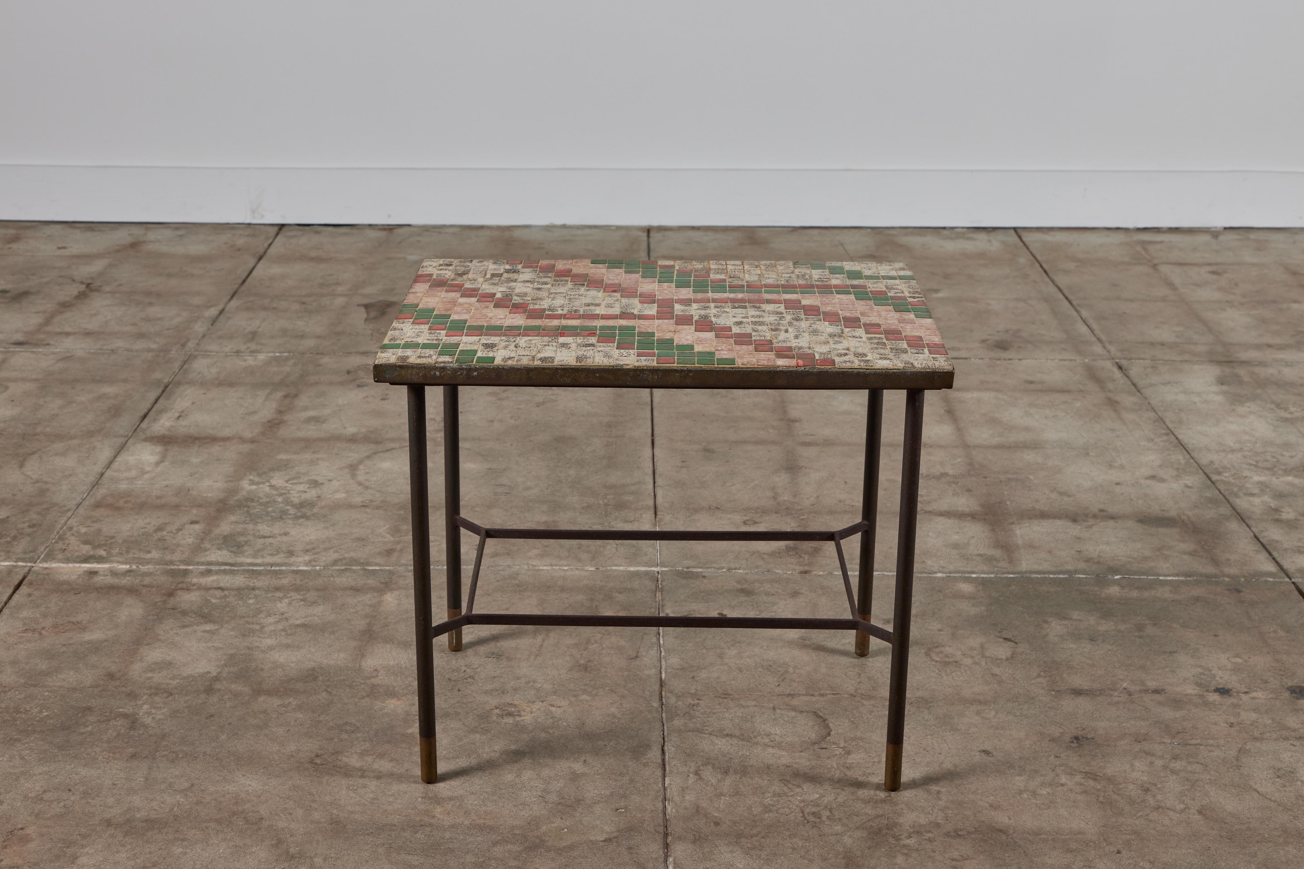 20th Century Patinated Metal Side Table with Mosaic Tile Top