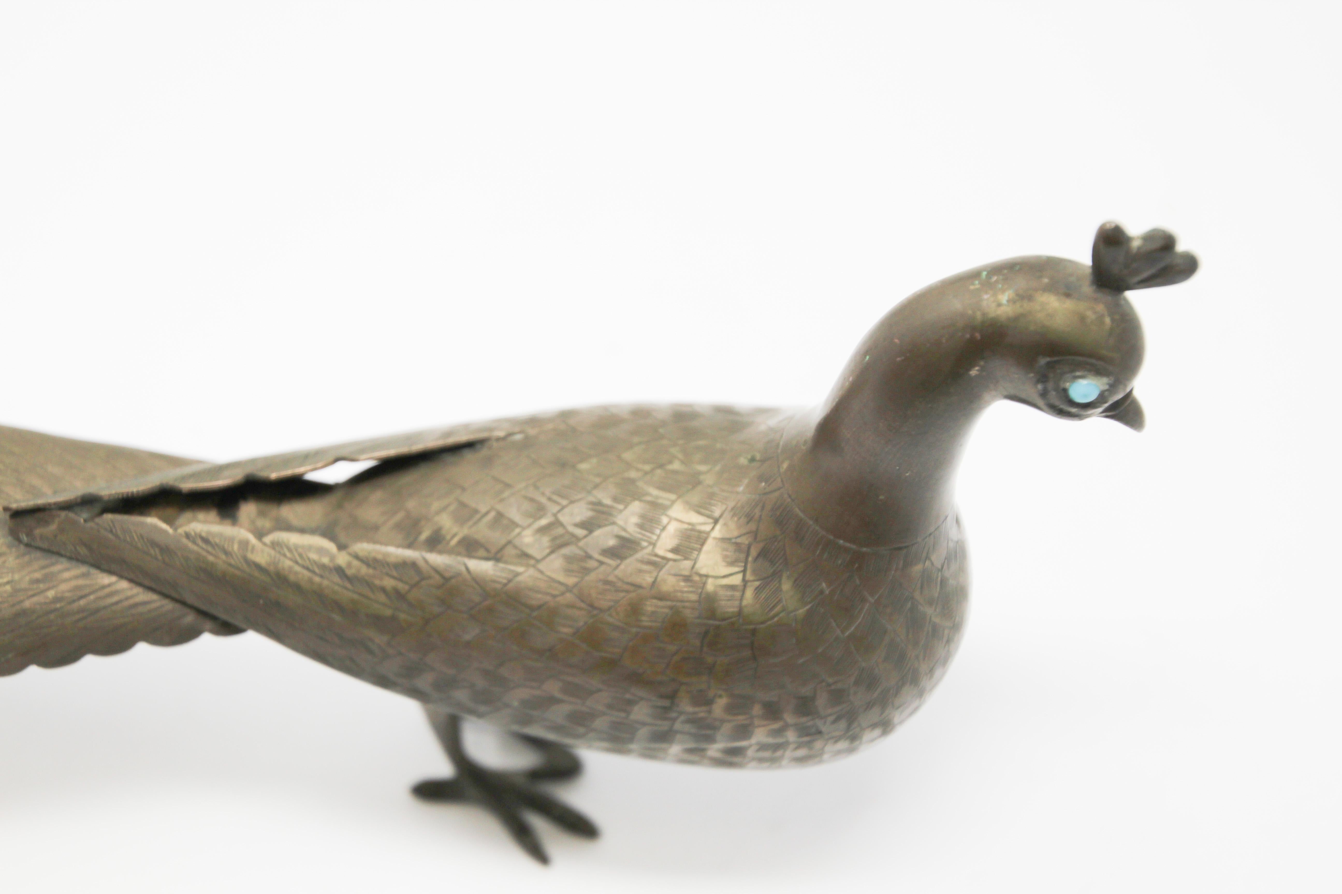Islamic Qajar Style Damascene Metal Vintage Peacock Figurine, India 2