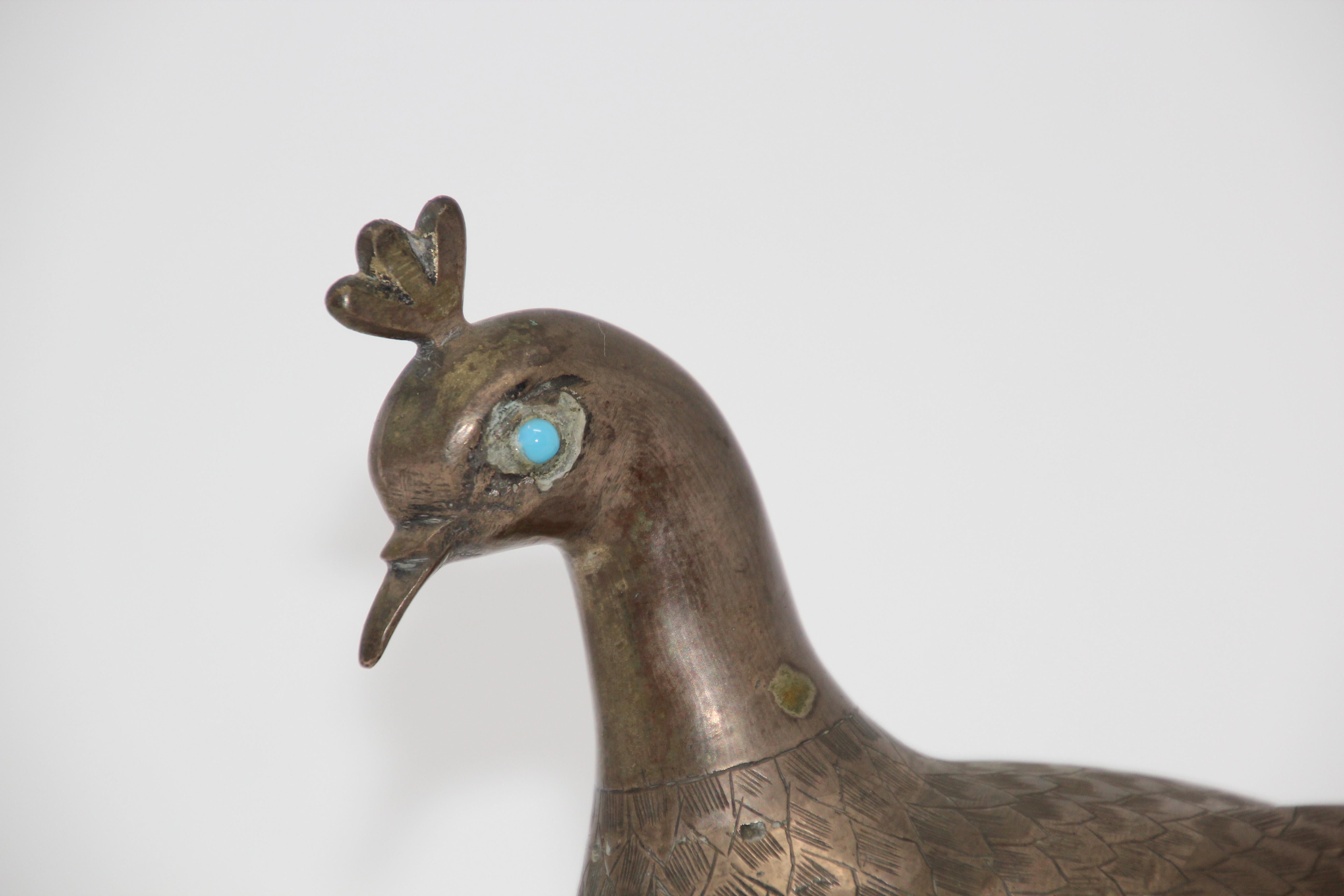 Hand-Crafted Islamic Qajar Style Damascene Metal Vintage Peacock Figurine, India For Sale