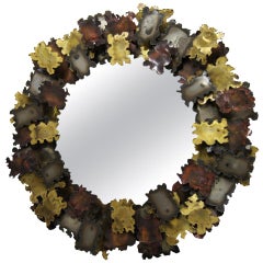 Brutalist Patinated Metal Wall Mirror in the Style of Seandel or Jeré