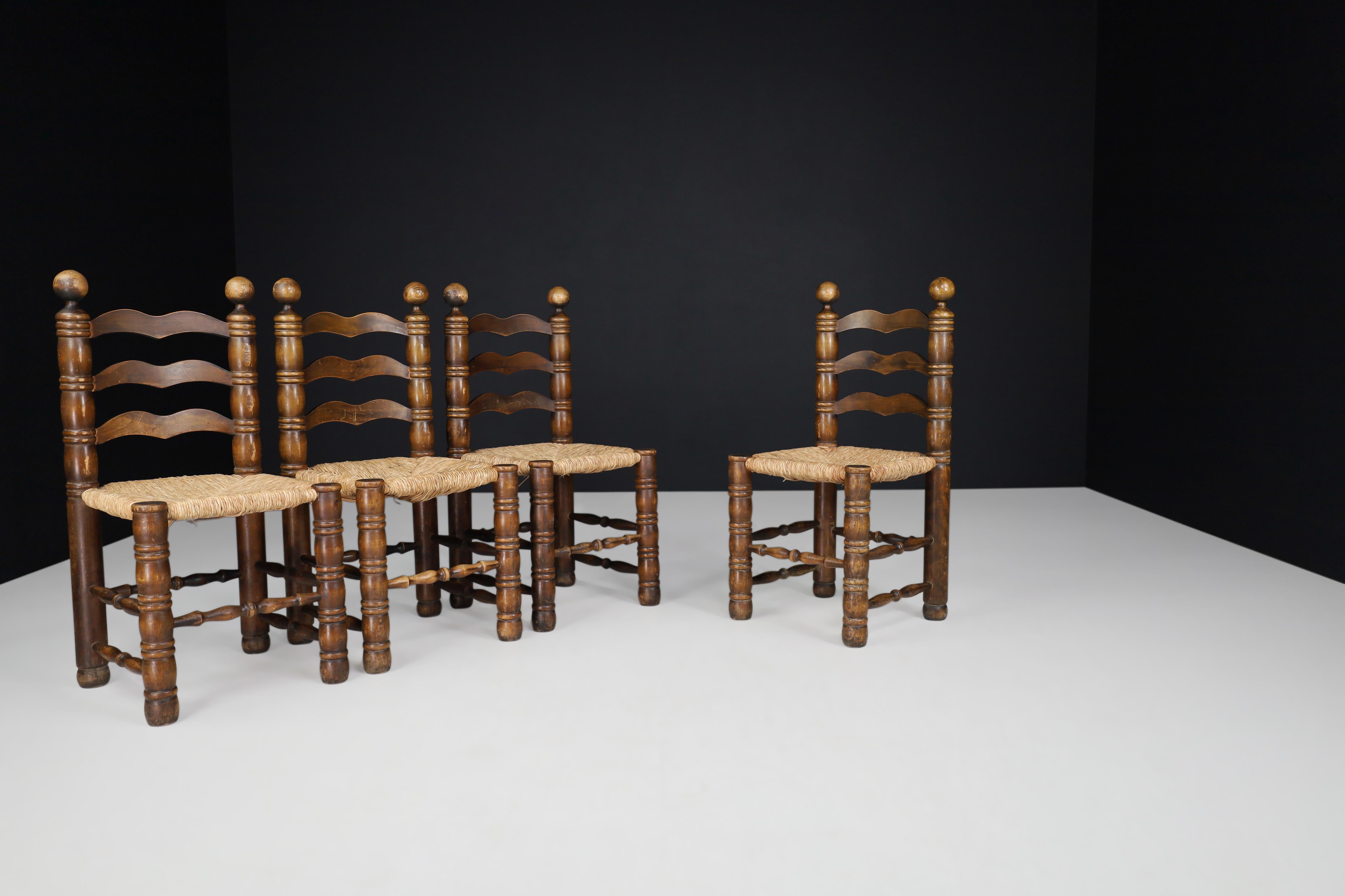 Patinated Oak and Rush Turned Chairs by Charles Dudouyt, France, 1940s For Sale 6