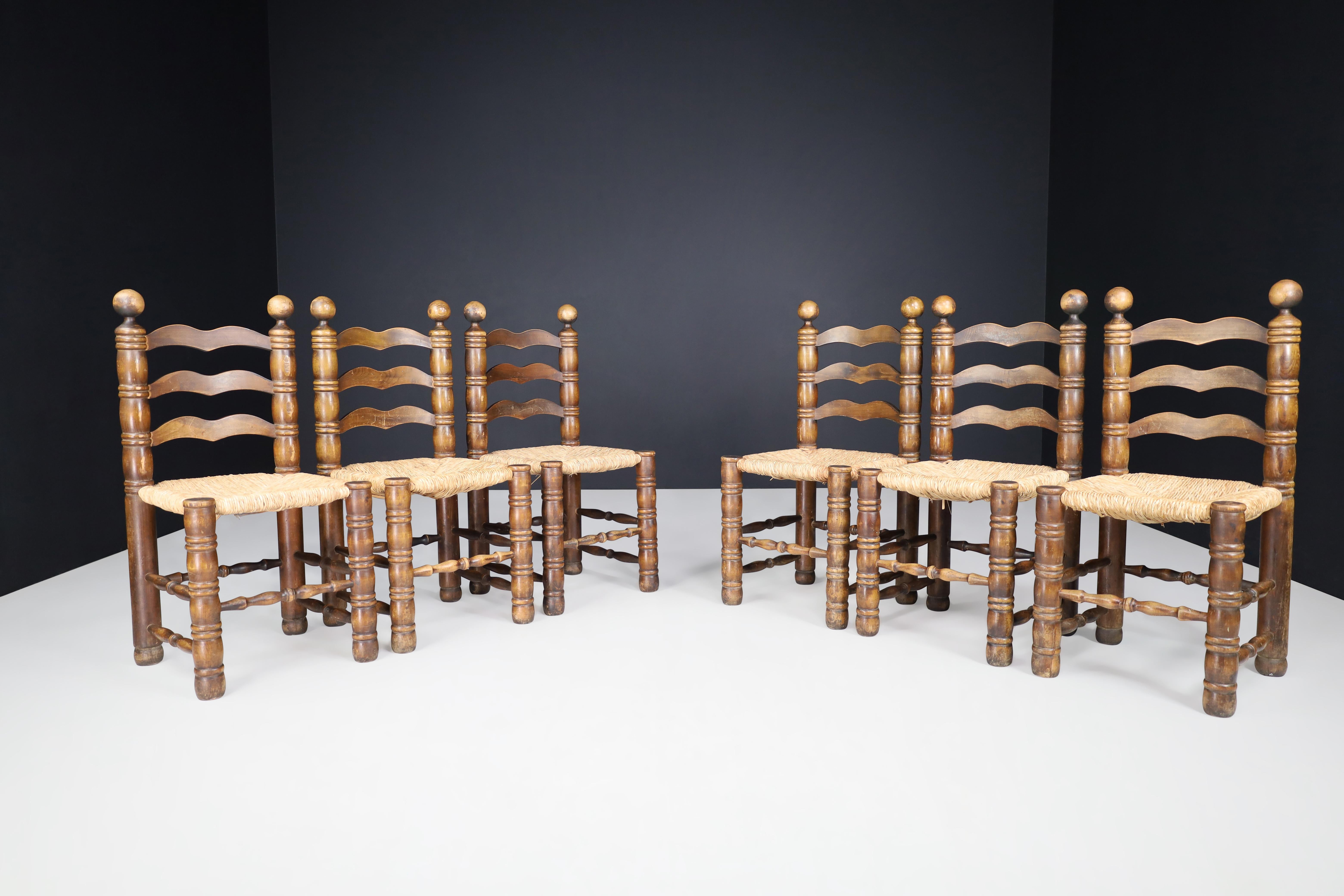 Patinated Oak and Rush Turned Chairs by Charles Dudouyt, France, 1940s For Sale 8