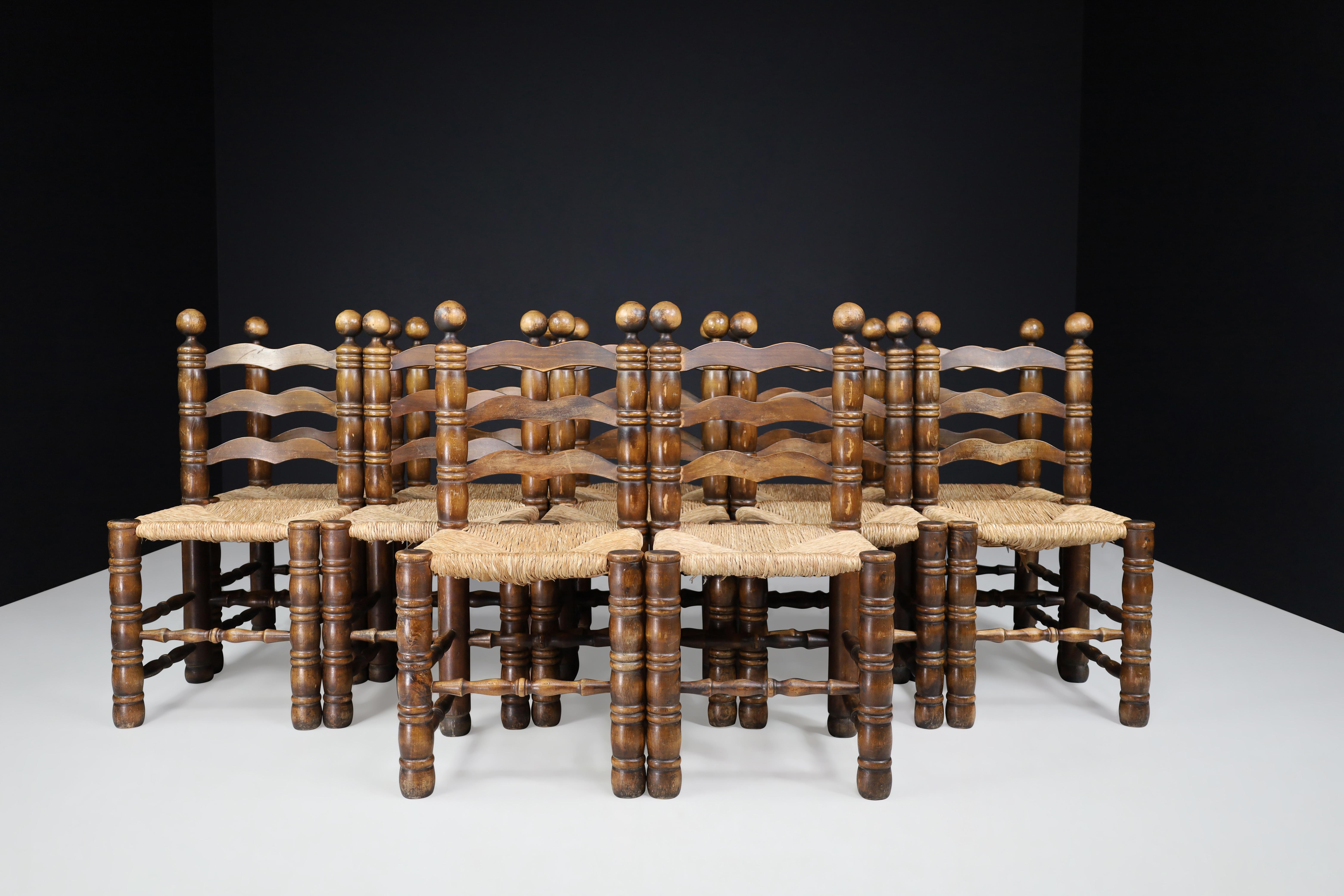 Patinated Oak and Rush Turned Chairs by Charles Dudouyt, France, 1940s For Sale 10