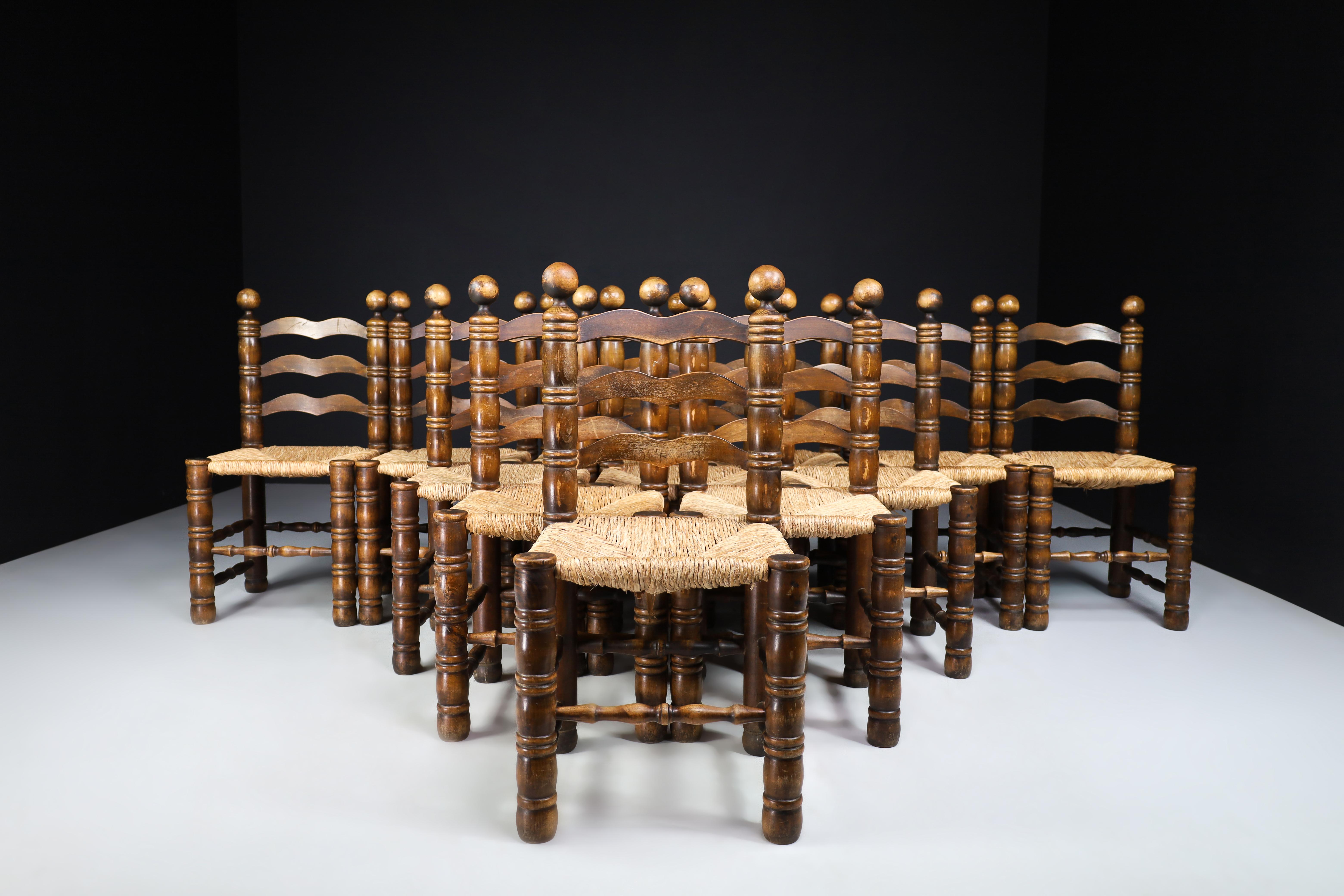 20th Century Patinated Oak and Rush Turned Chairs by Charles Dudouyt, France, 1940s For Sale