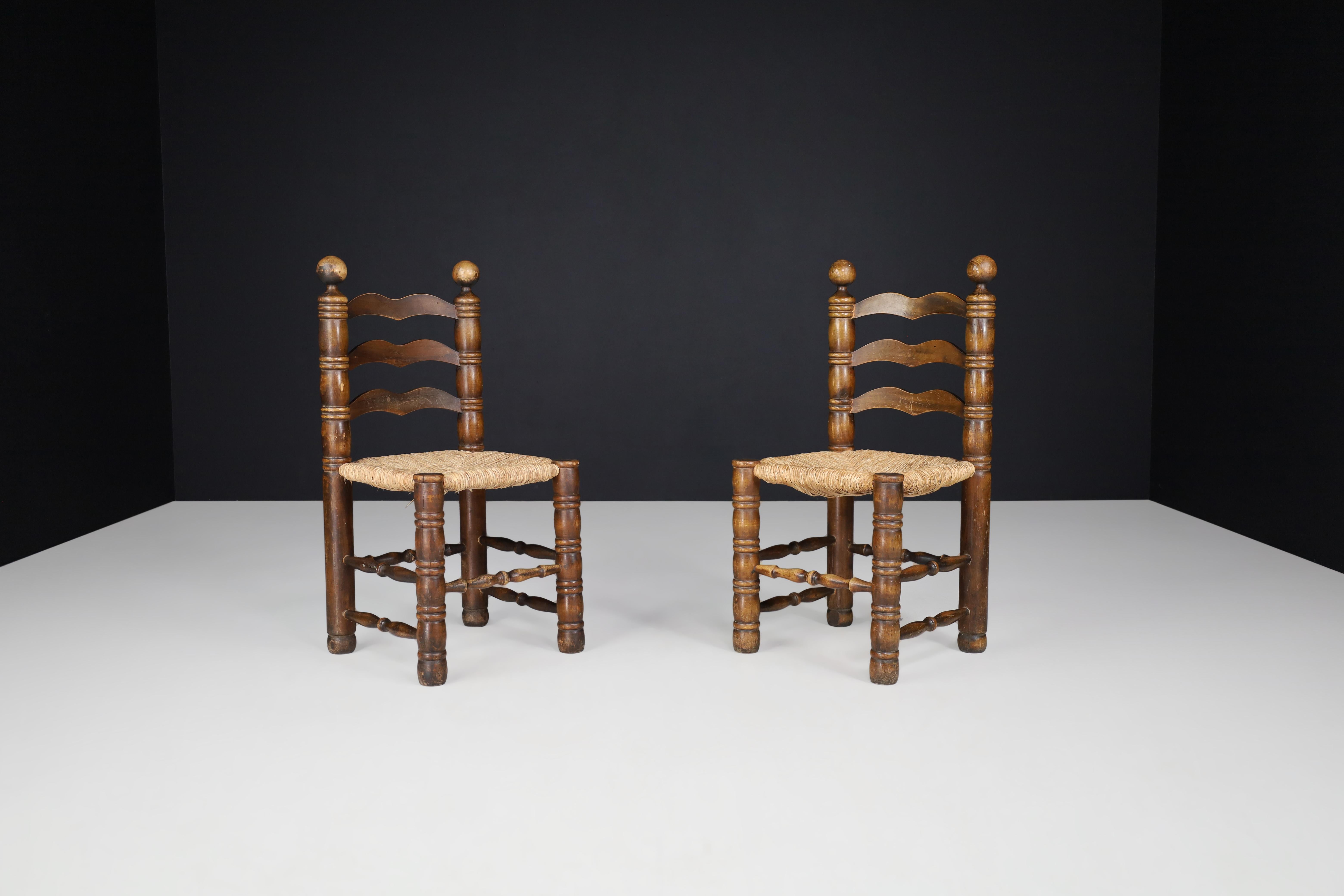 Patinated Oak and Rush Turned Chairs by Charles Dudouyt, France, 1940s For Sale 1