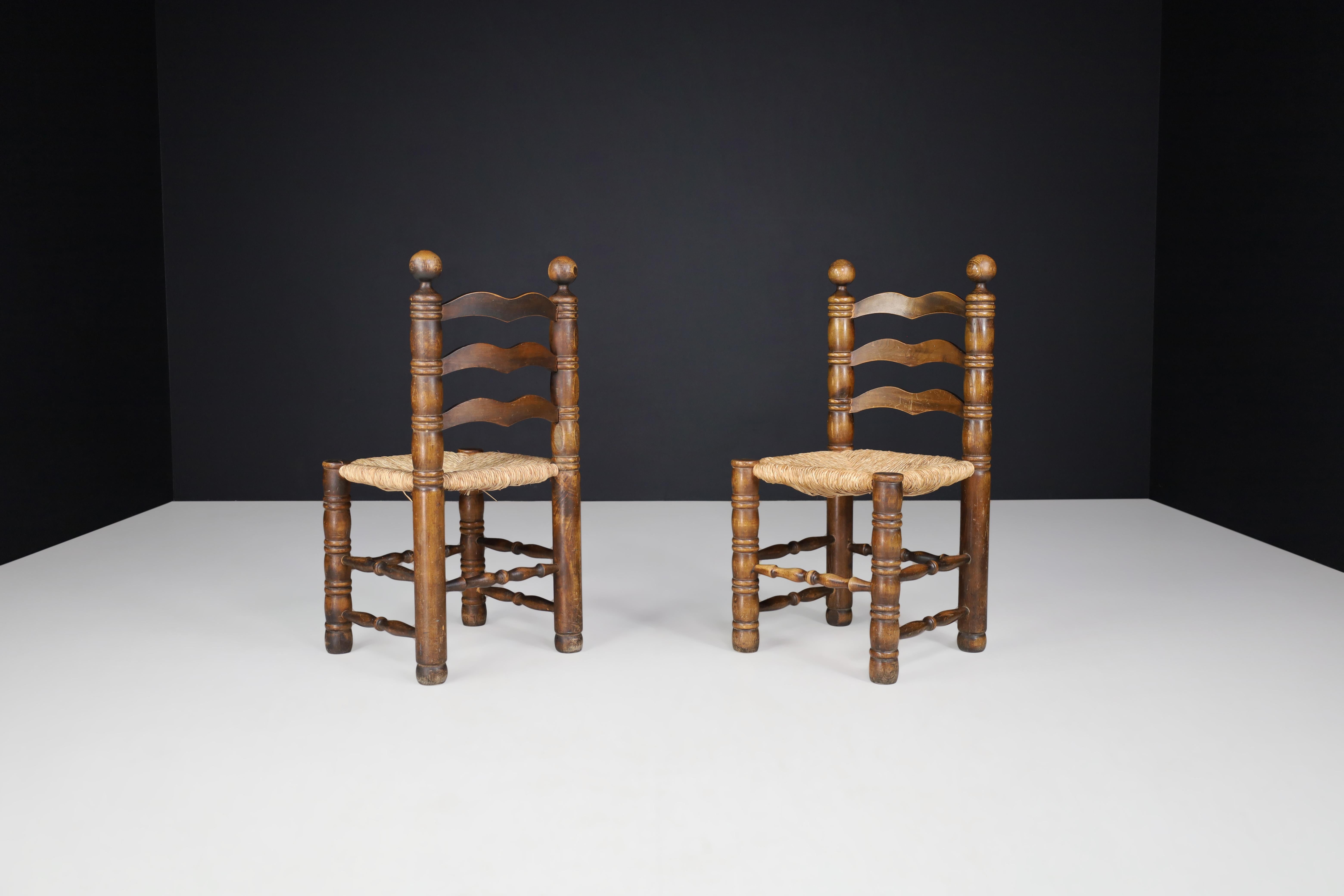 Patinated Oak and Rush Turned Chairs by Charles Dudouyt, France, 1940s For Sale 2