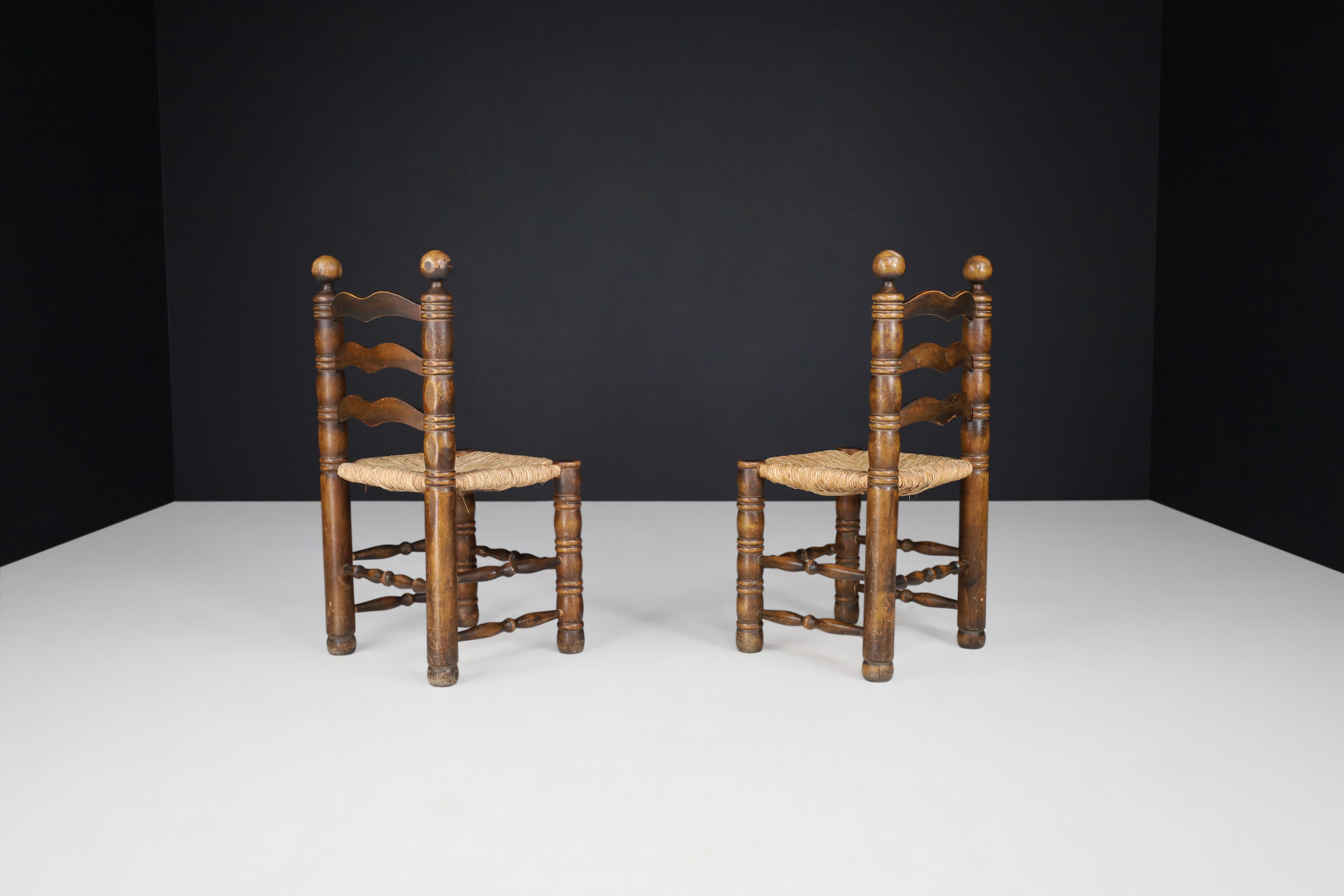 Patinated Oak and Rush Turned Chairs by Charles Dudouyt, France, 1940s For Sale 3