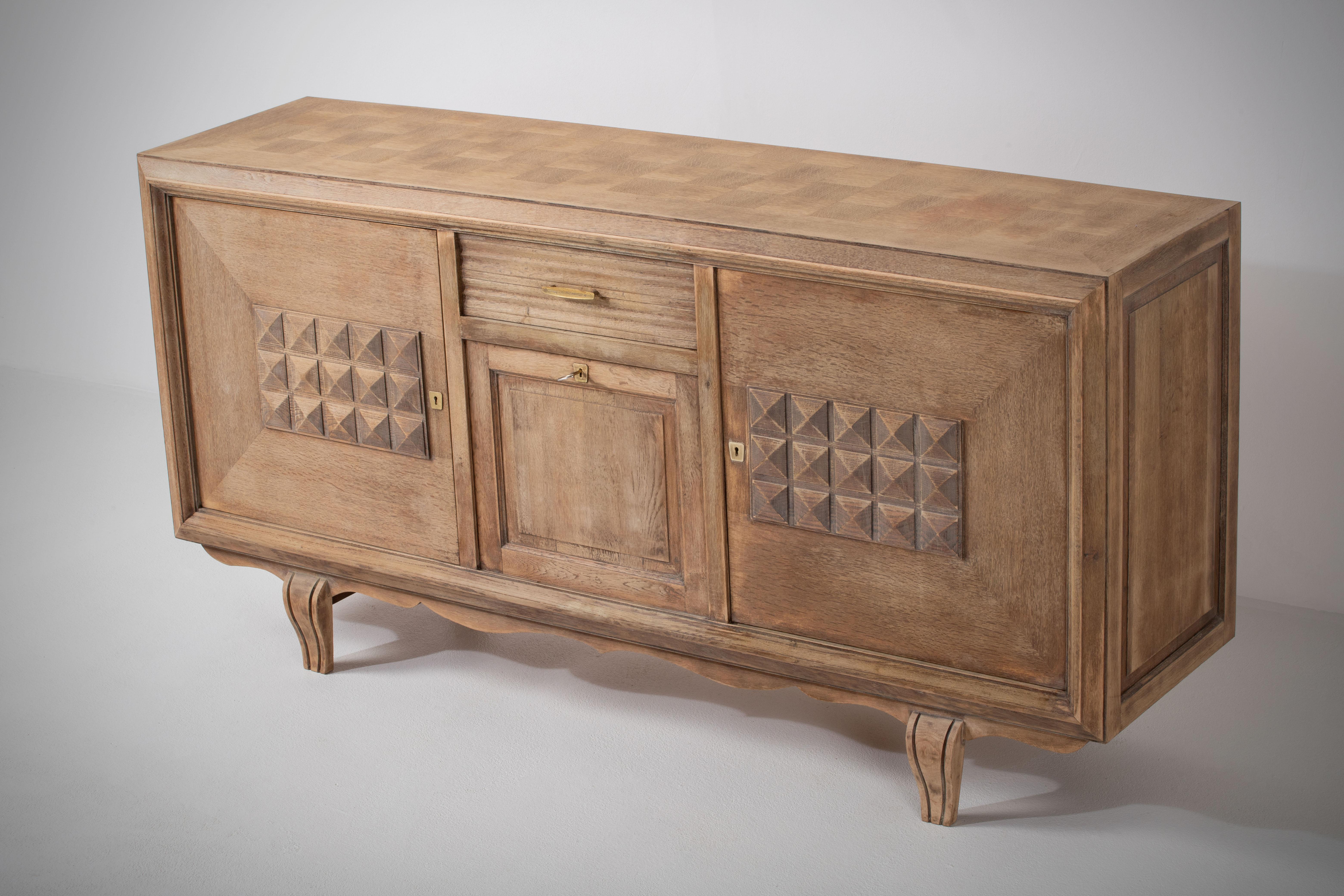 Mid-20th Century Patinated Oak Credenza, France, 1940s For Sale