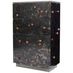 Patinated Steel Veneer "Highboy with Protrusions" in Walnut with Drawers