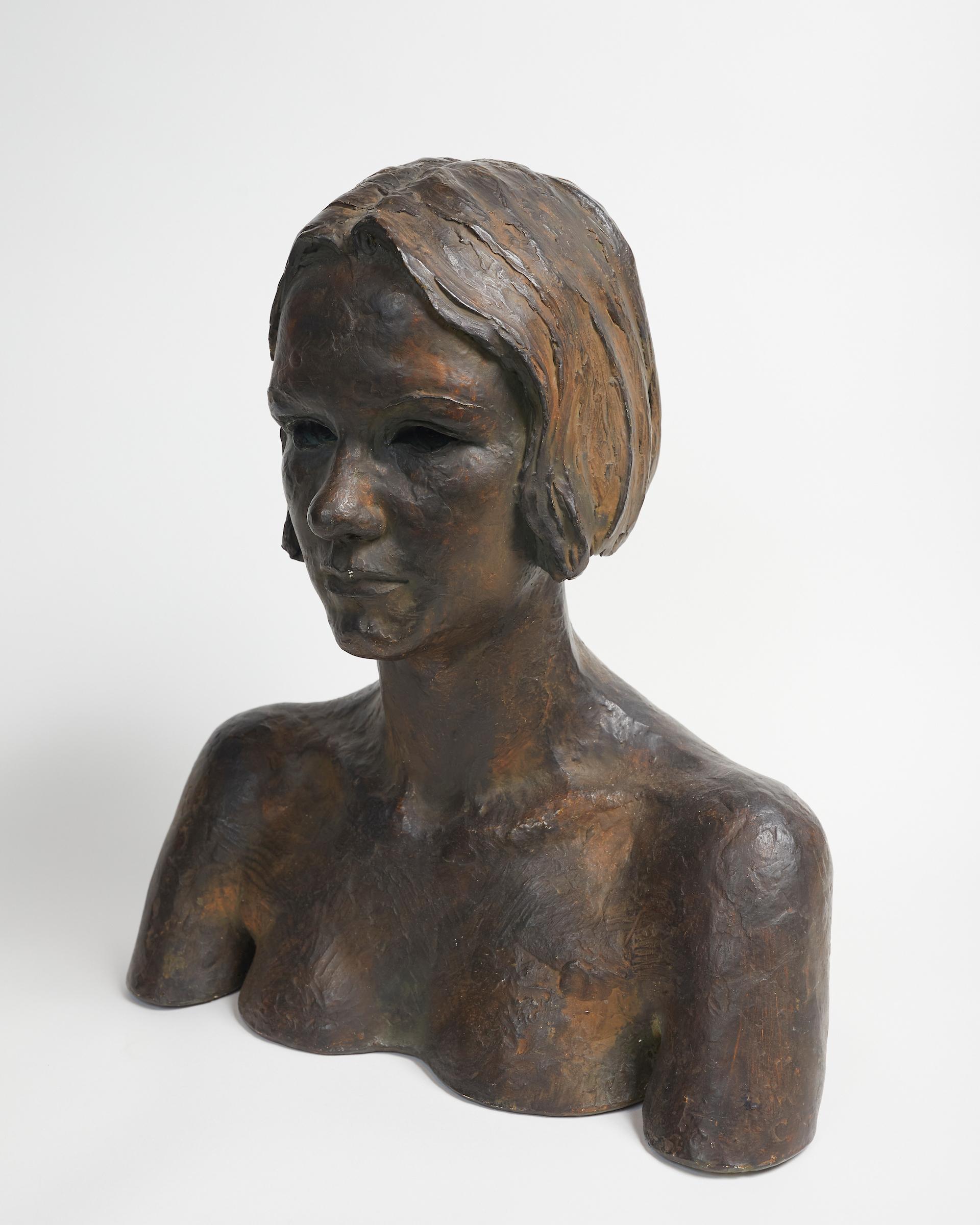 Patinated Plaster Bust of woman by Herbert McRae Miller Signed: H. Mcrae Miller/32
Herbert McRae-Miller was born in Montreal. He studied at the Art Students League, New York under John Sloan; at the Monument National, Montreal under Edmund Dyonnet;