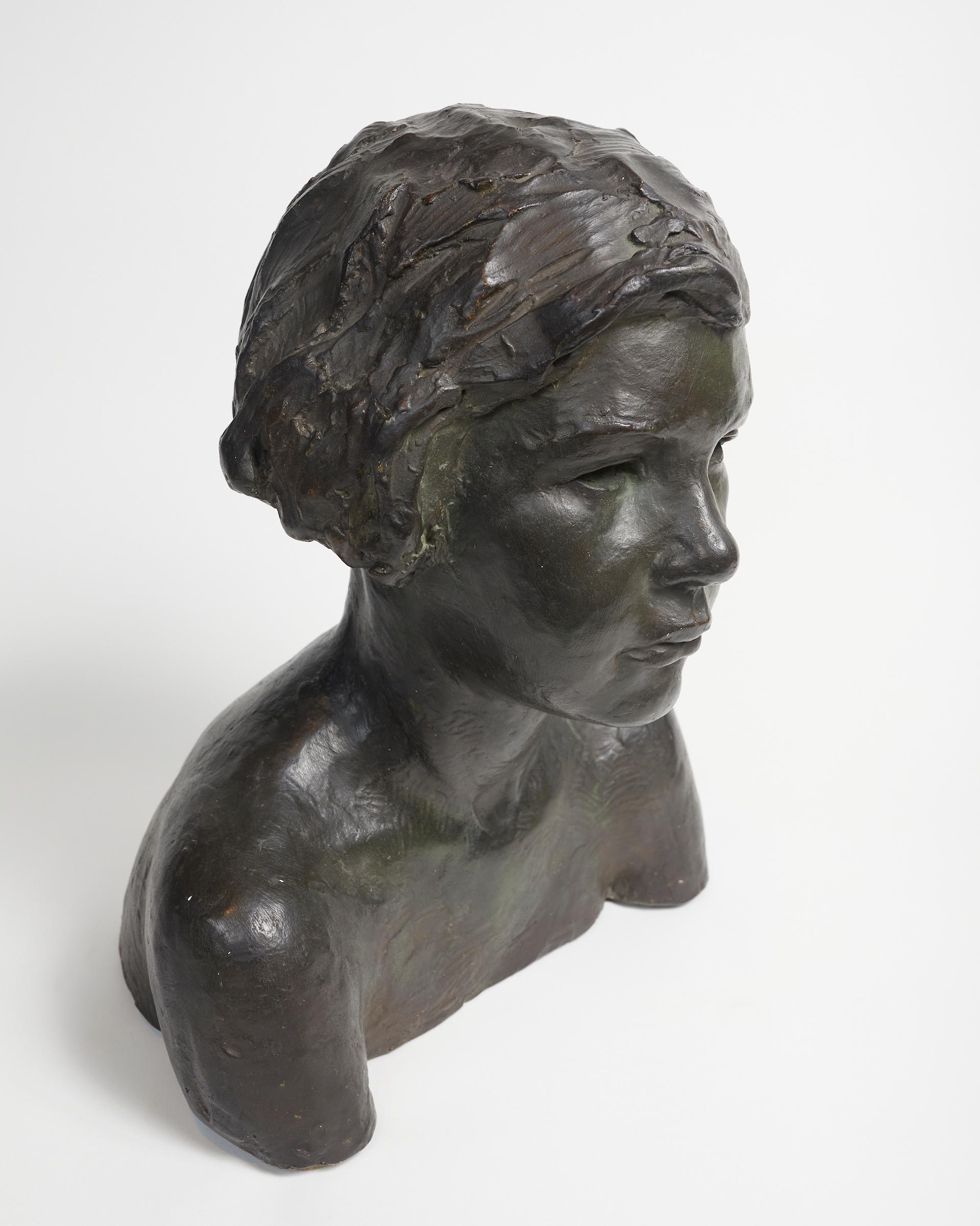 Patinated plaster bust of woman by Herbert McRae Miller representing Elizabeth O'toole. marked 1928 on paper and signed inside the sculpture 