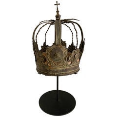 Patinated Repousse Brass Russian Crown on Stand