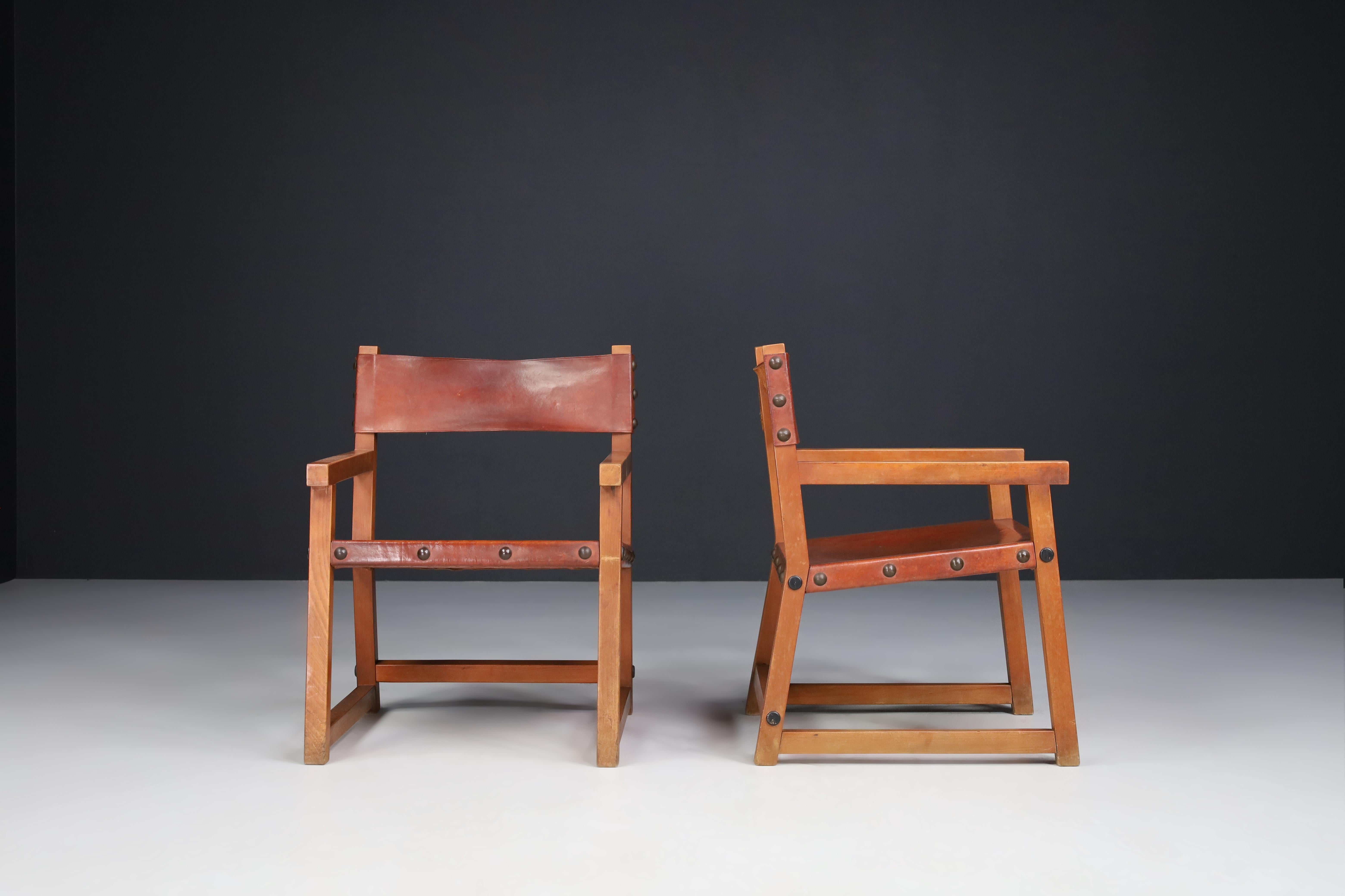 20th Century Patinated Saddle Leather Armchairs, Spain, 1950s