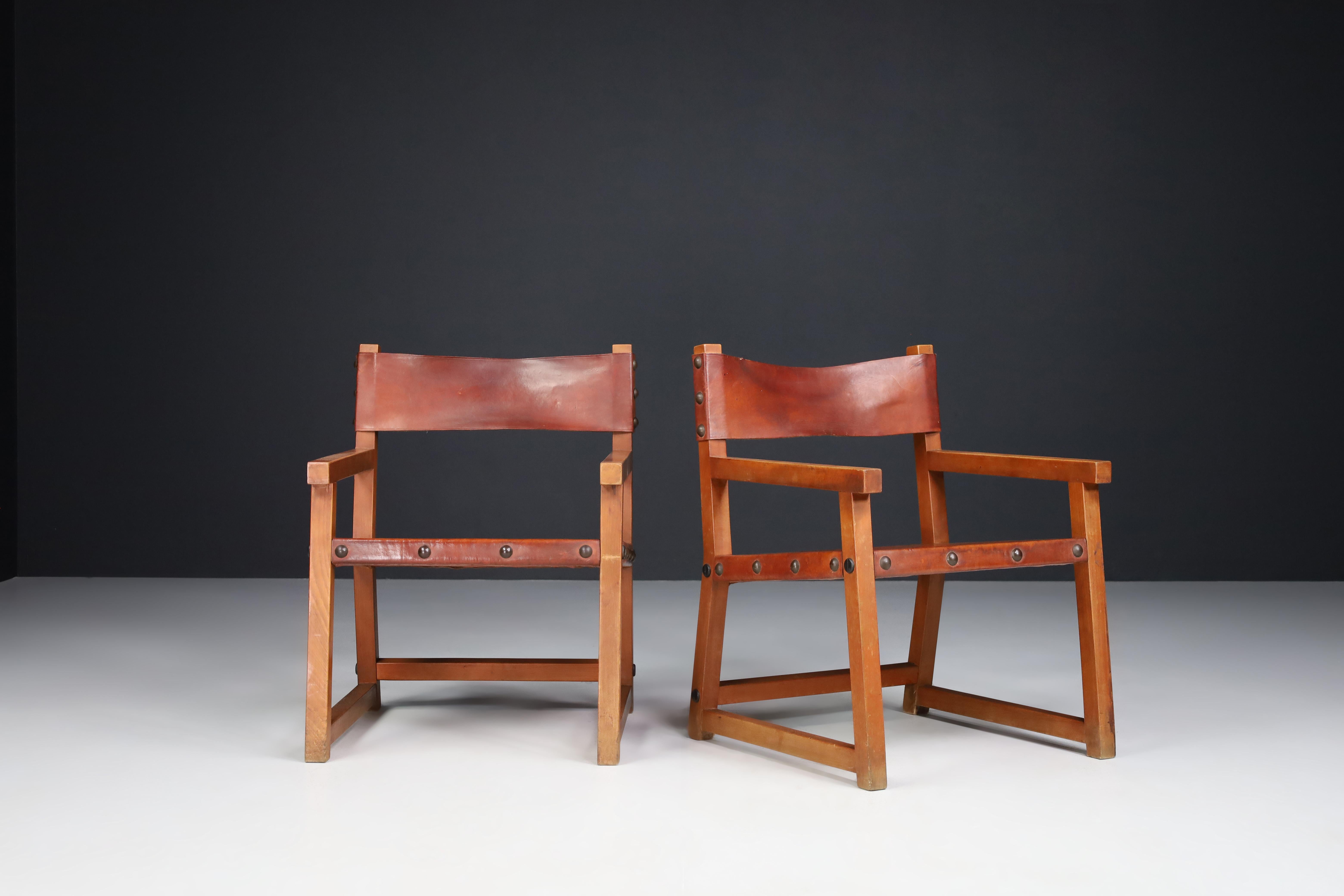 Patinated Saddle Leather Armchairs, Spain, 1950s 2