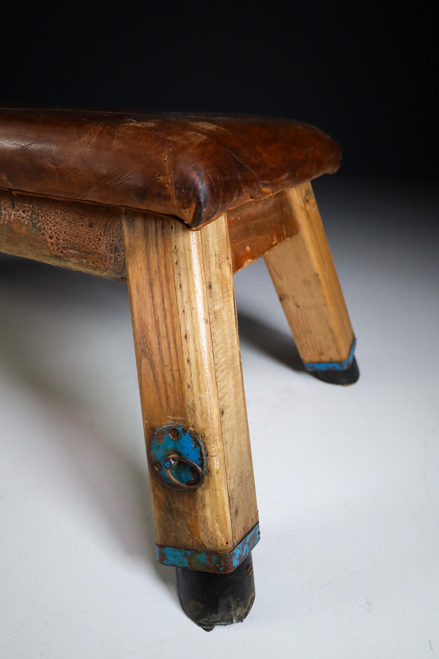 Mid-Century Modern Patinated Saddle Leather Gym Bench or Table, circa 1950s