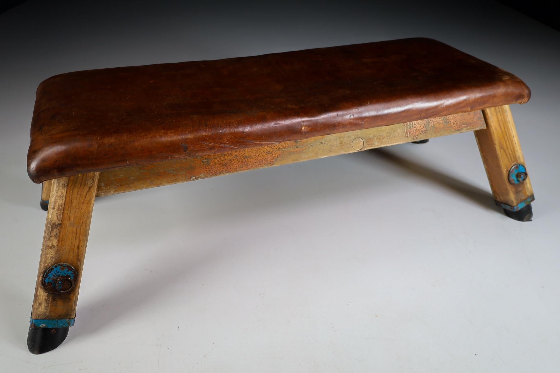 Dutch Patinated Saddle Leather Gym Bench or Table, circa 1950s