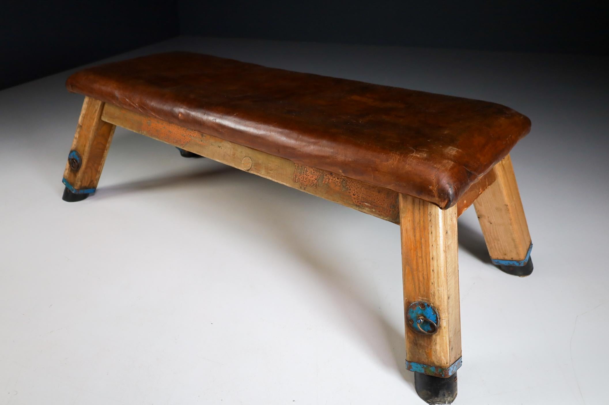 20th Century Patinated Saddle Leather Gym Bench or Table, circa 1950s