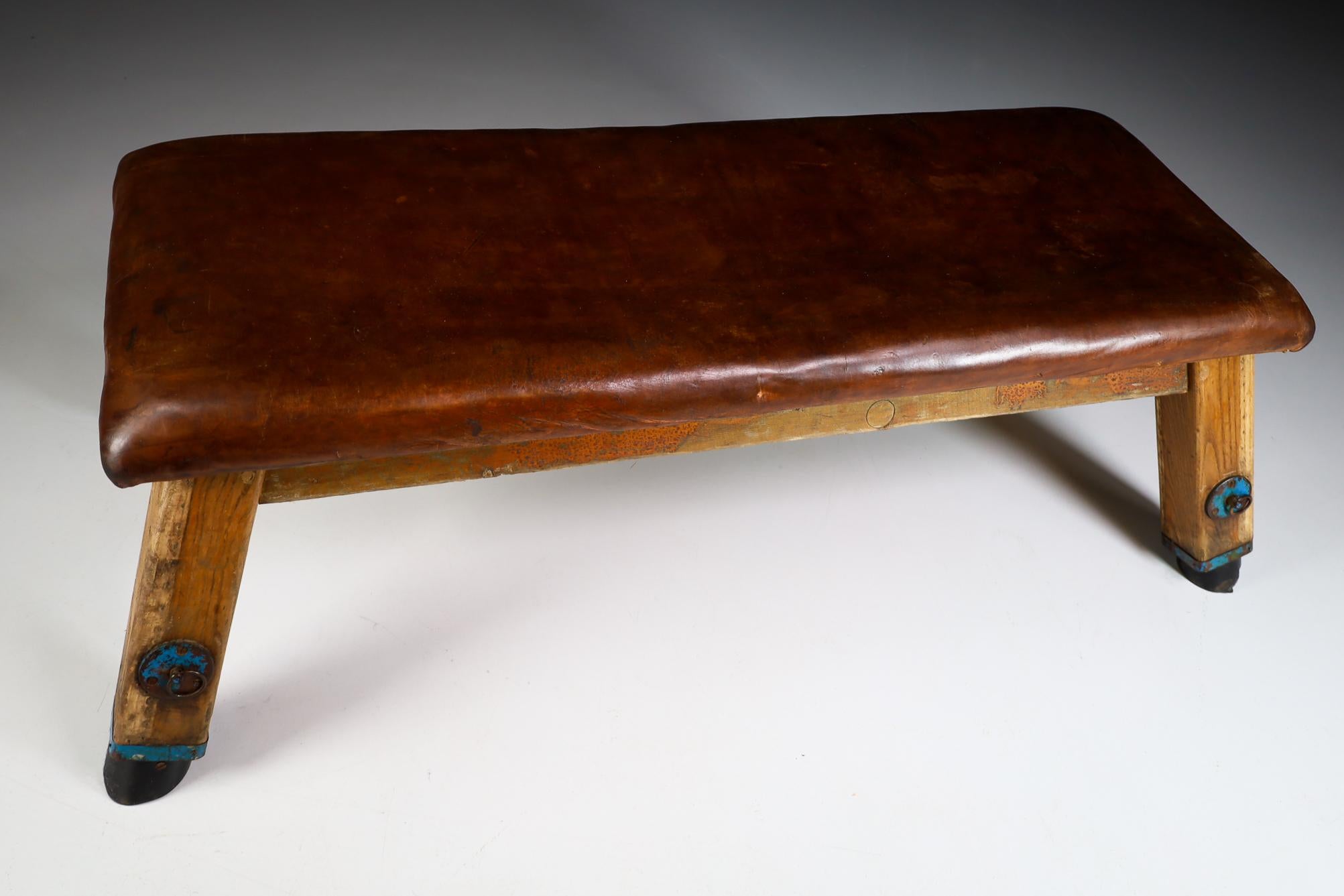 Patinated Saddle Leather Gym Bench or Table, circa 1950s 1
