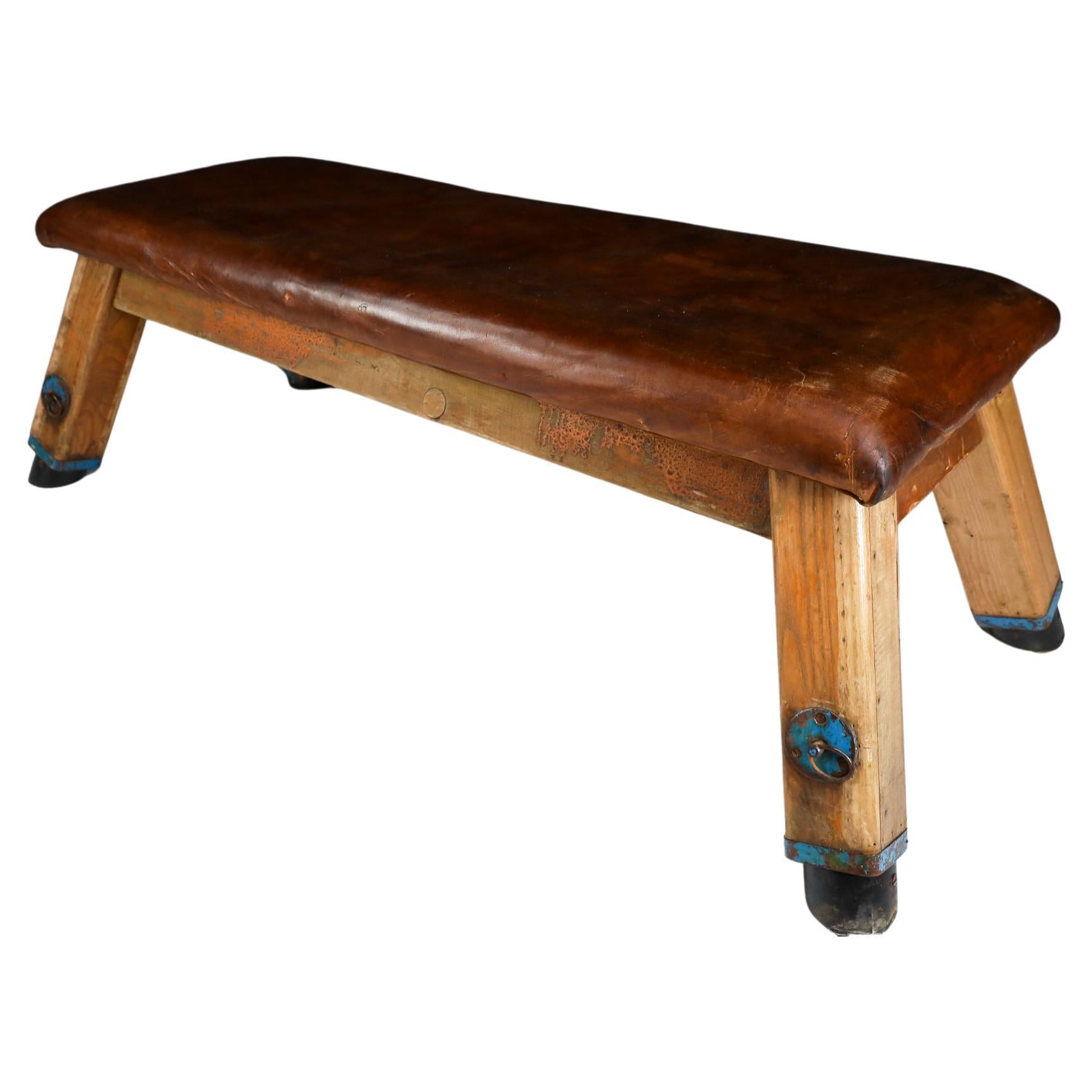 Patinated Saddle Leather Gym Bench or Table, circa 1950s