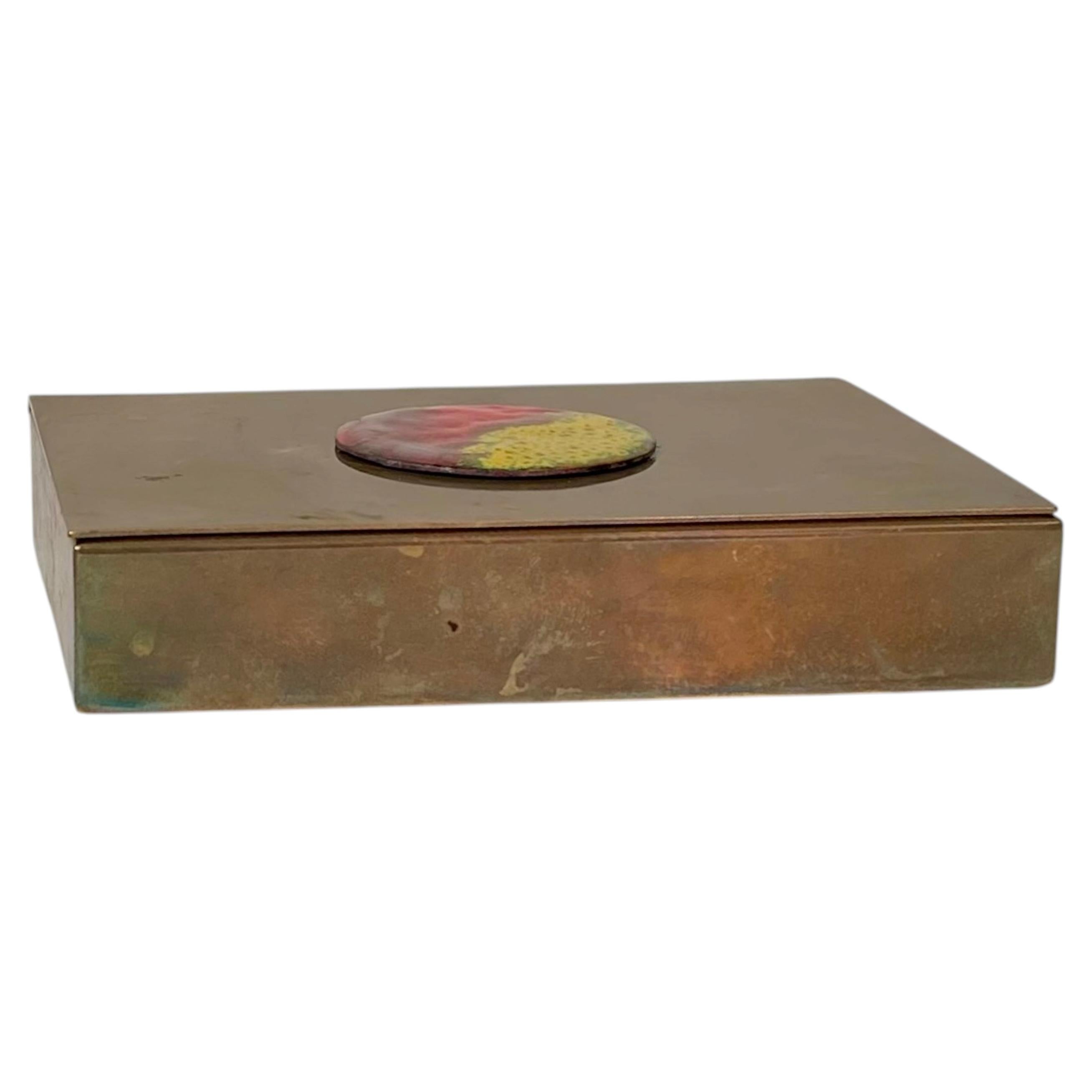 Patinated Scandinavian Art Deco Cigar Box in Brass & Enamel, 1930s