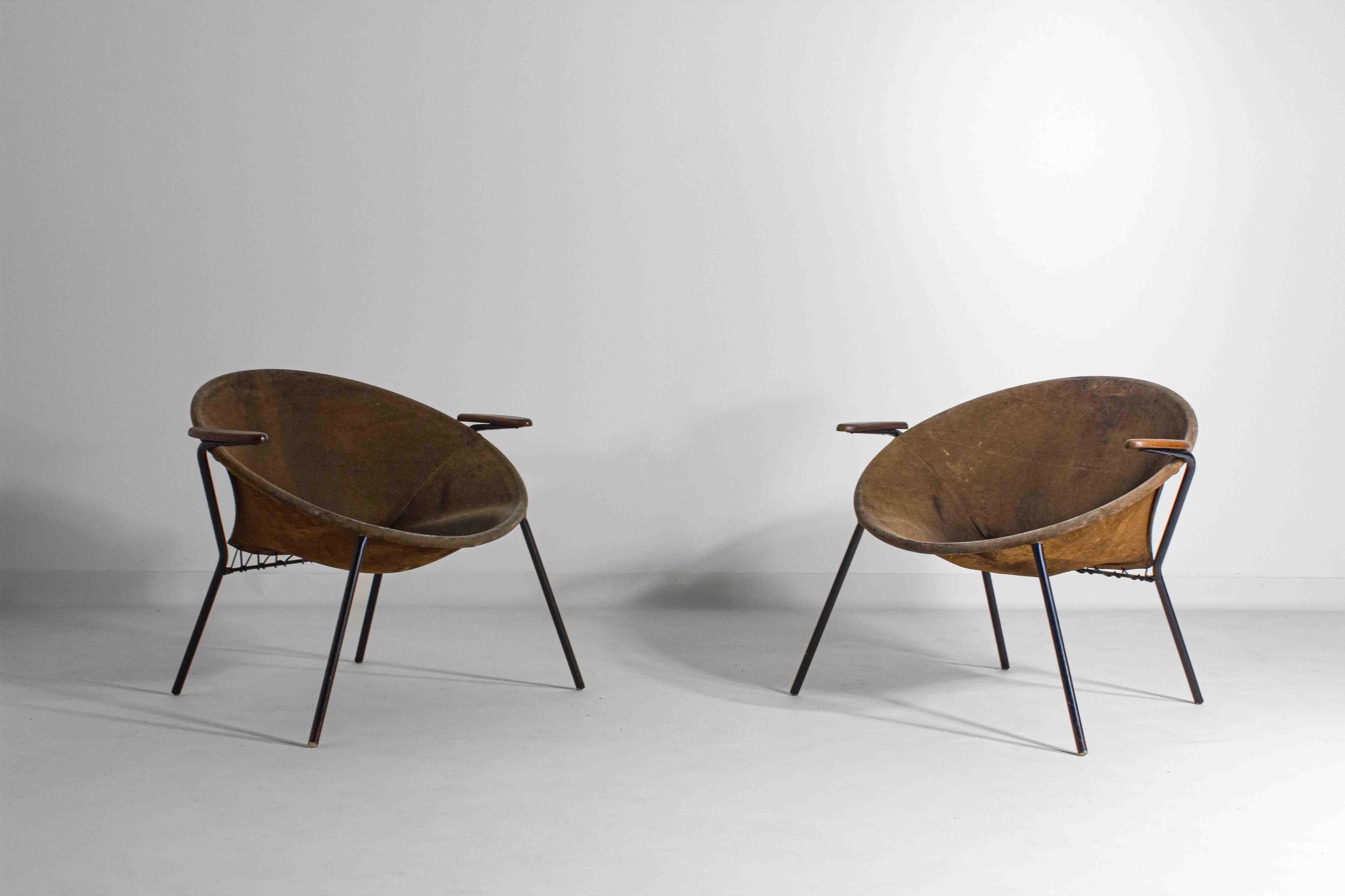 Lovely set of two original Balloon chairs by Hans Olsen in beautifully patinated leather


