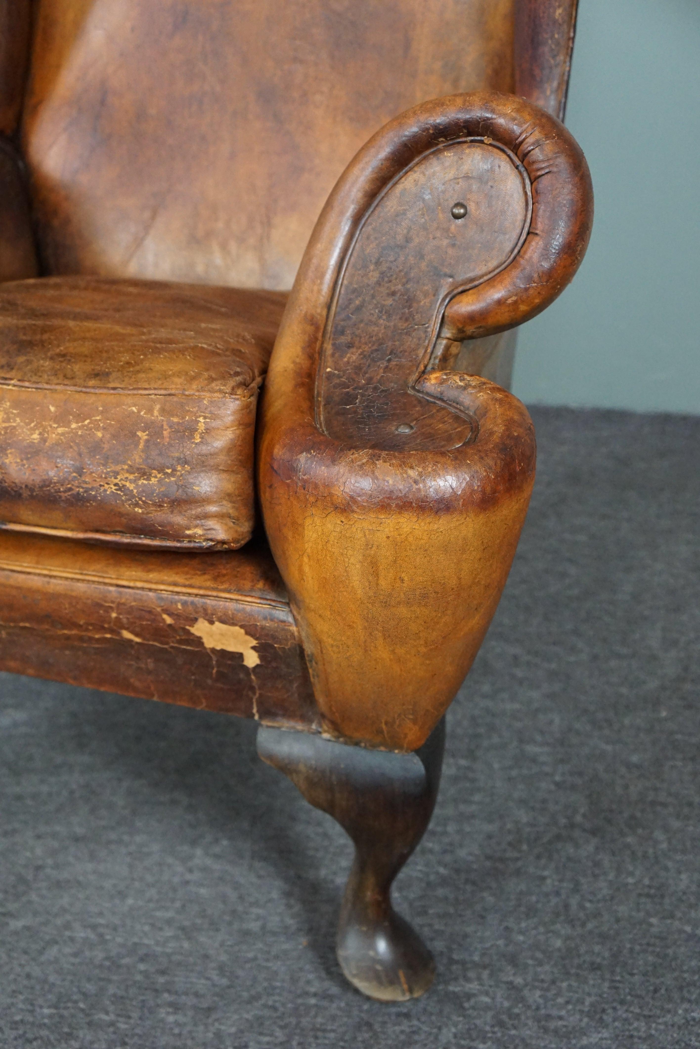 Patinated sheepskin antique Wingback wingback armchair For Sale 2