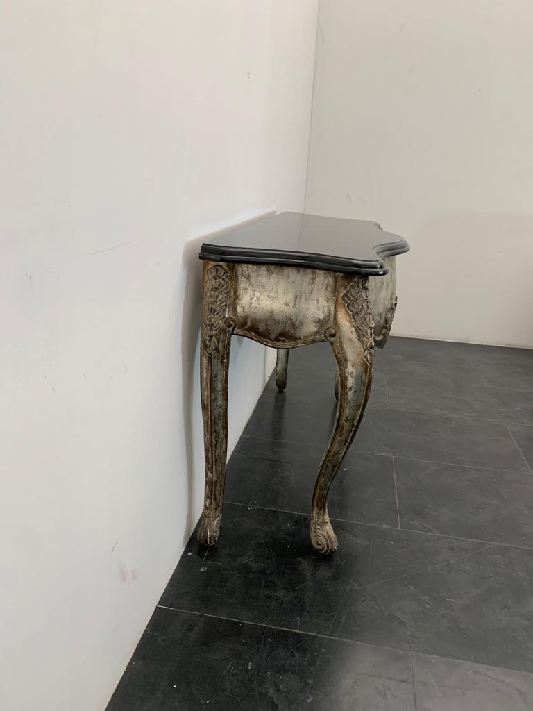 Late 20th Century Patinated Silver Black Marble Eclectic Console Baroque, 1990s For Sale