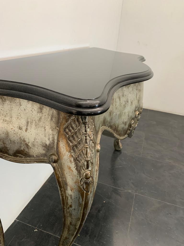 Silver Leaf Patinated Silver Black Marble Eclectic Console Baroque, 1990s For Sale