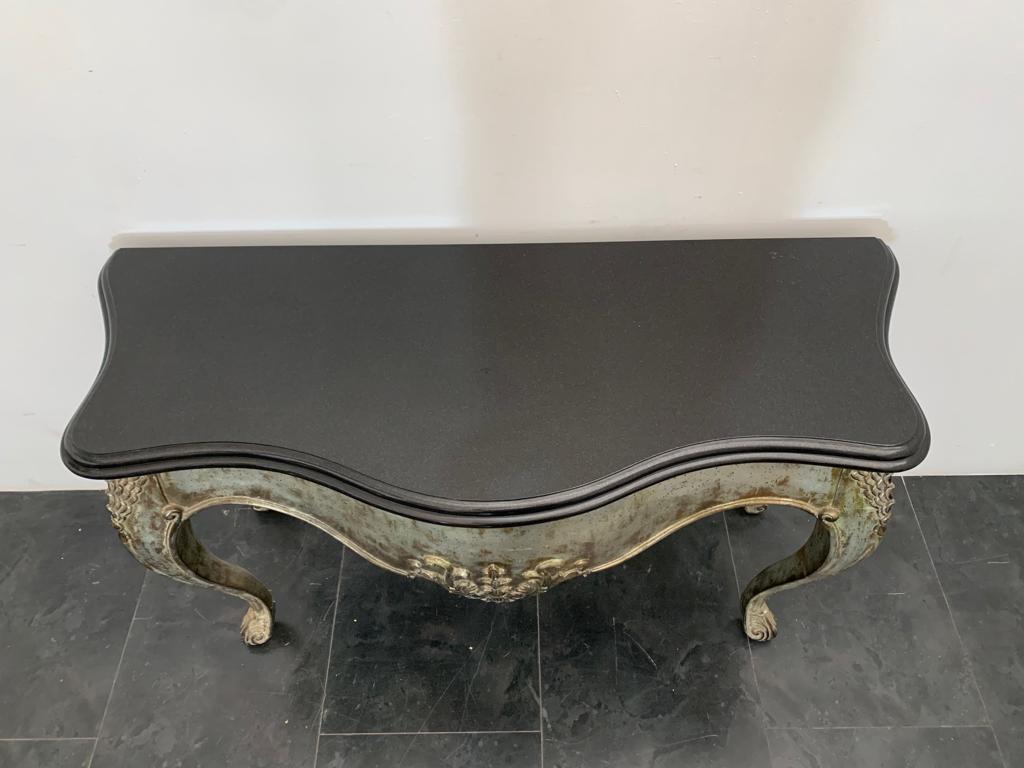 Patinated Silver Black Marble Eclectic Console Baroque, 1990s For Sale 1