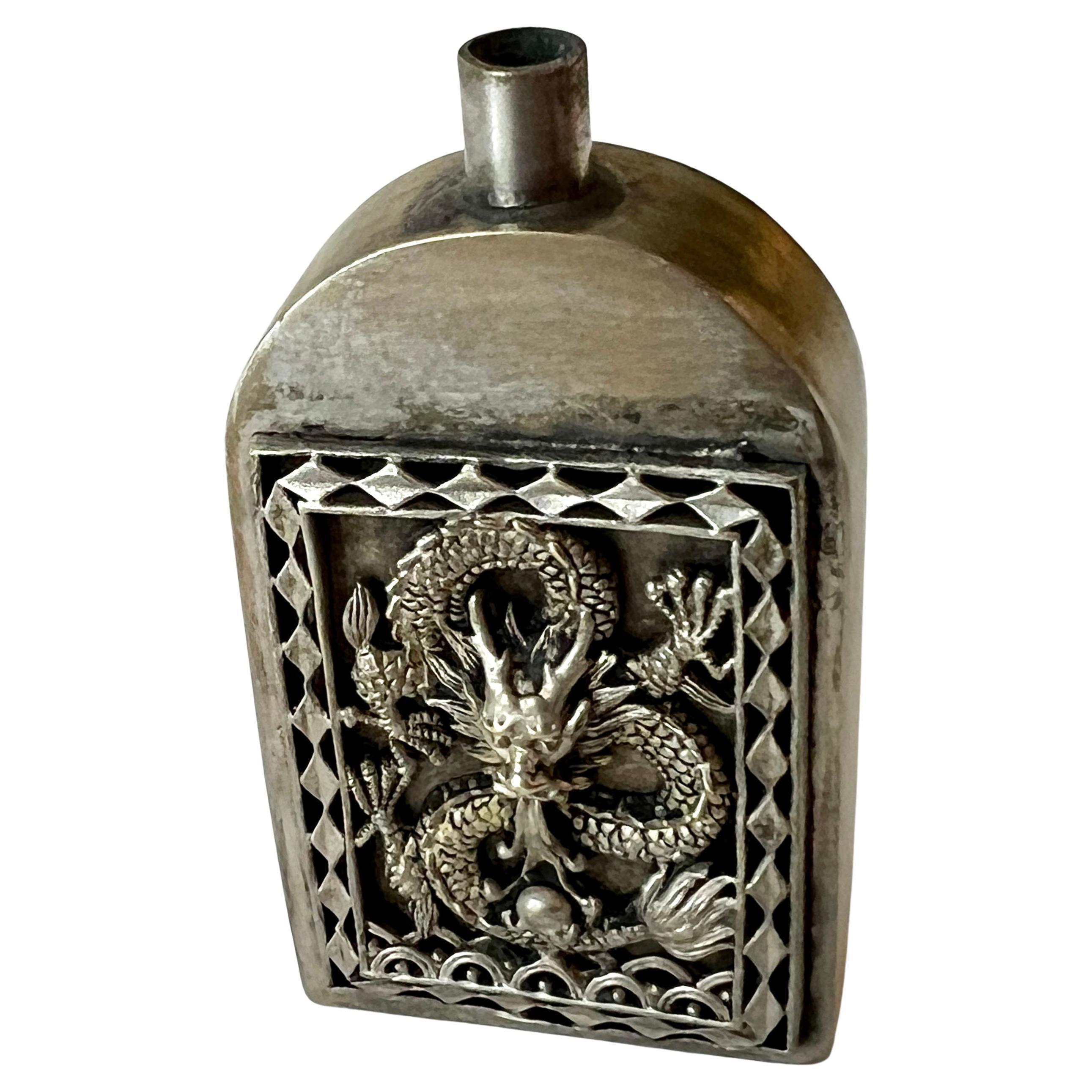 Patinated Silver Chinese Repousse Dragon Perfume Bottle
