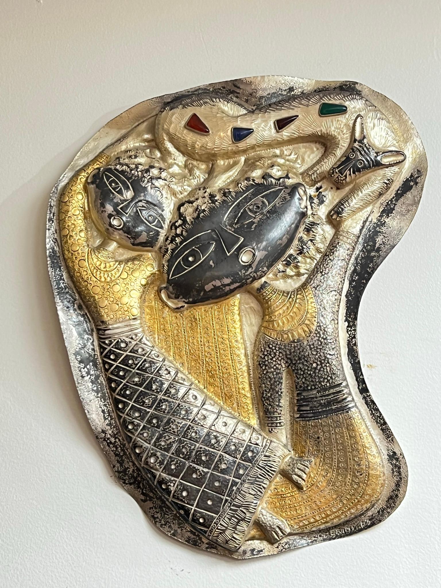 Gilt Patinated Silver Figural Plaque by Roberto Ceccherini from 1963 For Sale
