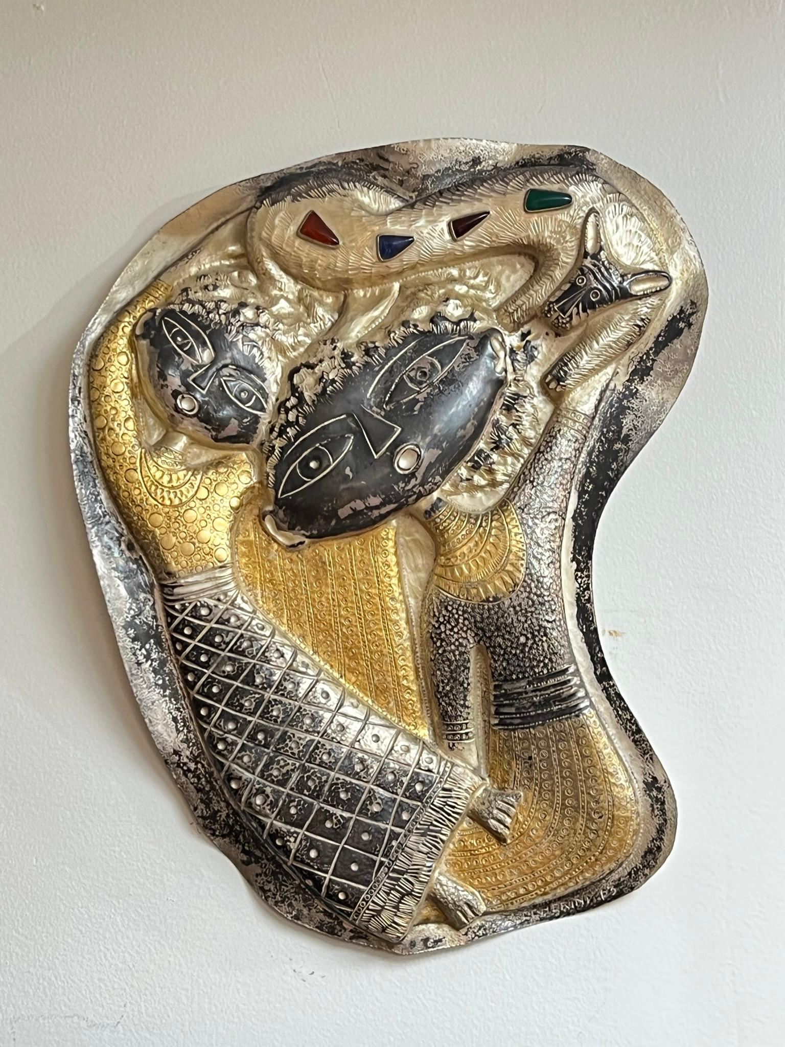 Patinated Silver Figural Plaque by Roberto Ceccherini from 1963 In Good Condition For Sale In New York, NY