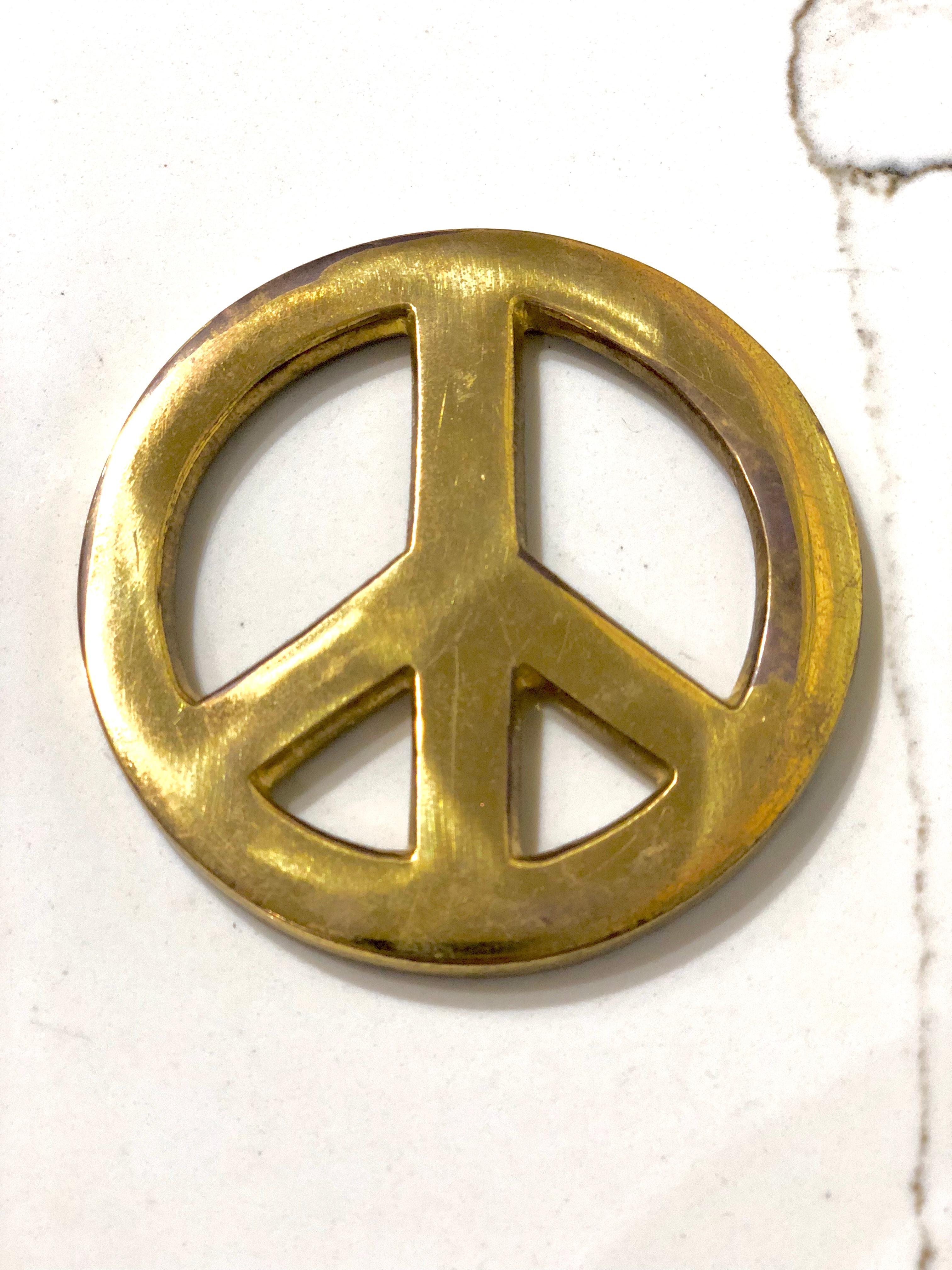 Mid-Century Modern Patinated Solid Brass Vintage Peace Sign