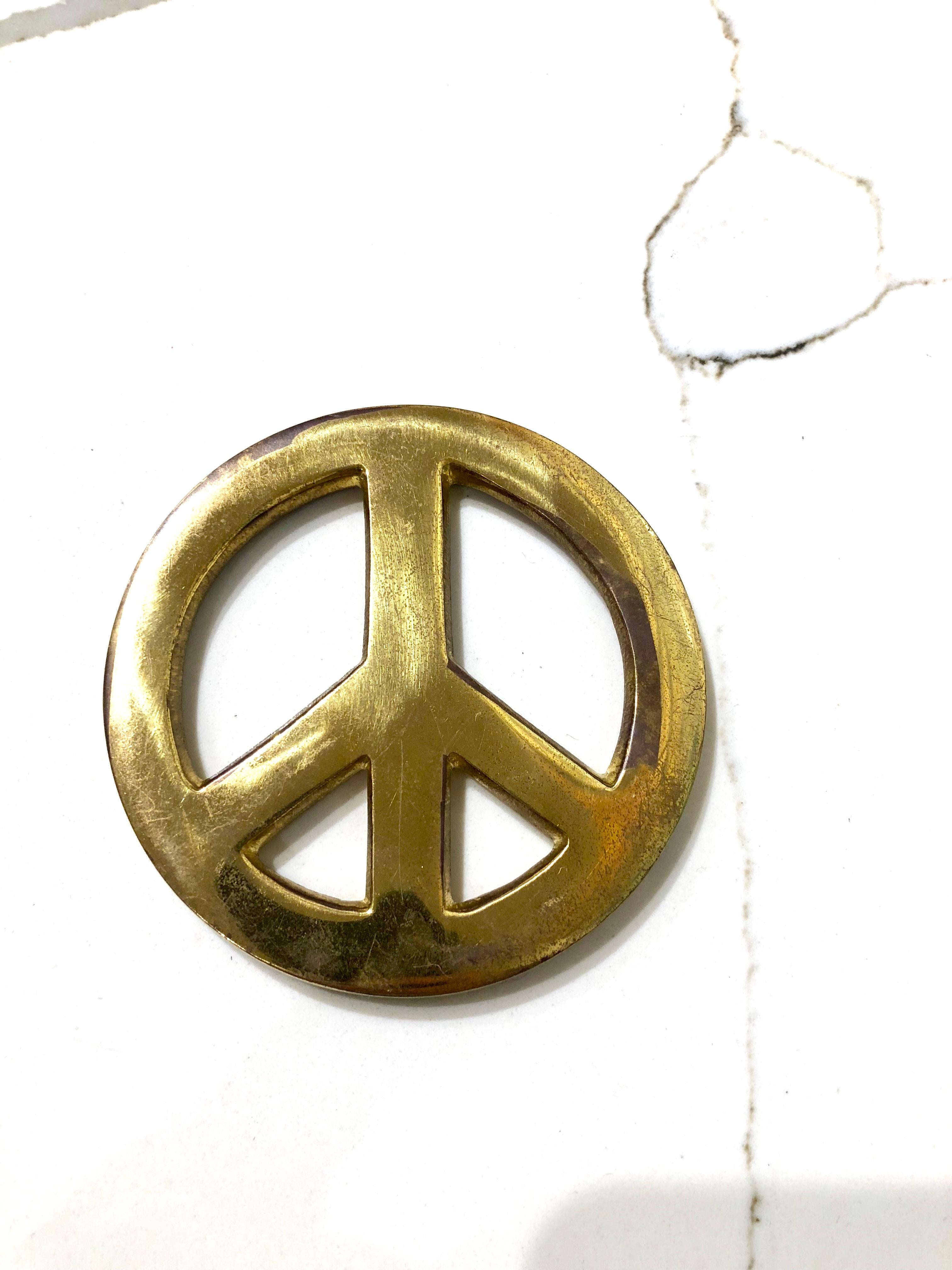 American Patinated Solid Brass Vintage Peace Sign