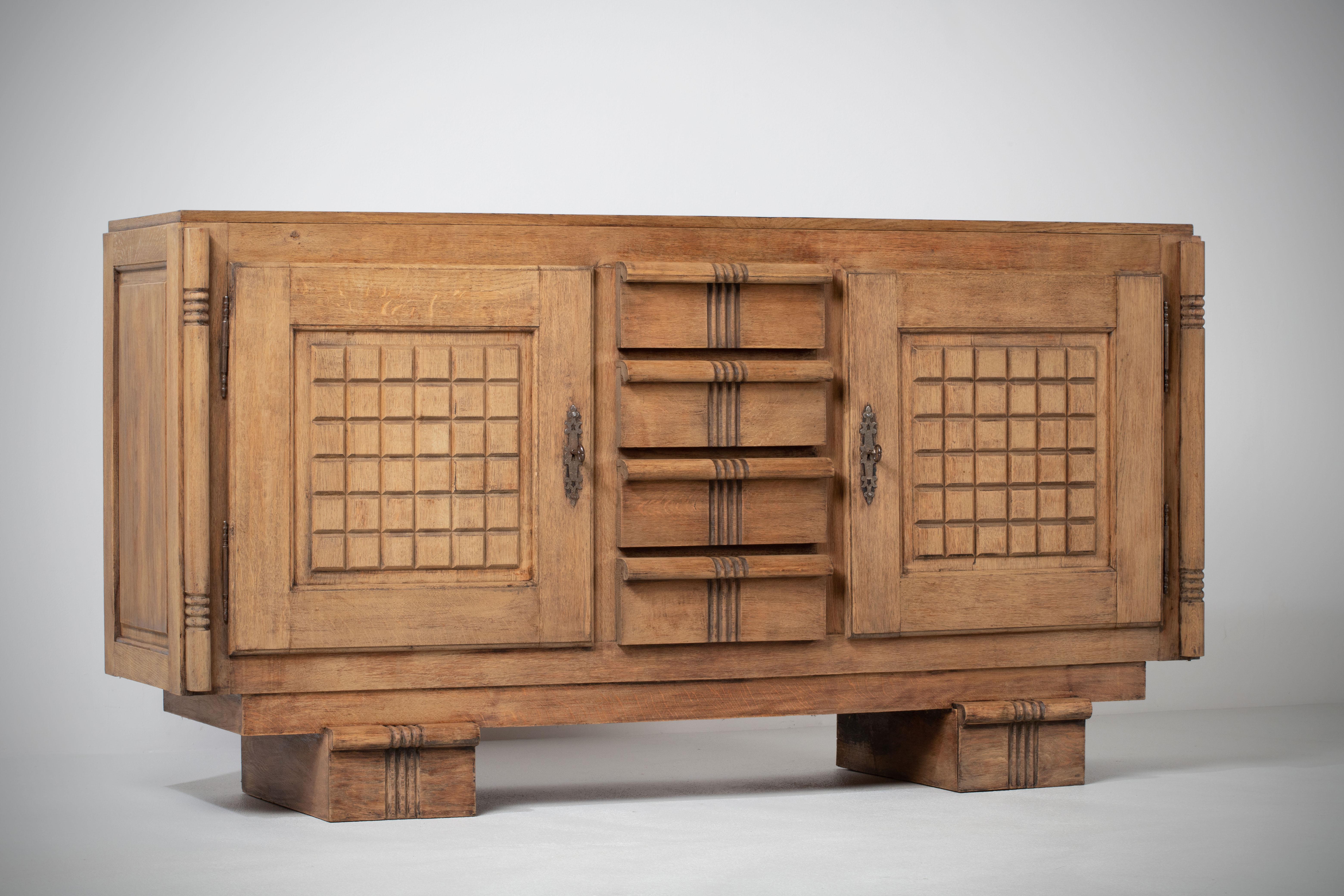 Patinated Solid Oak Credenza, France, 1940s 5