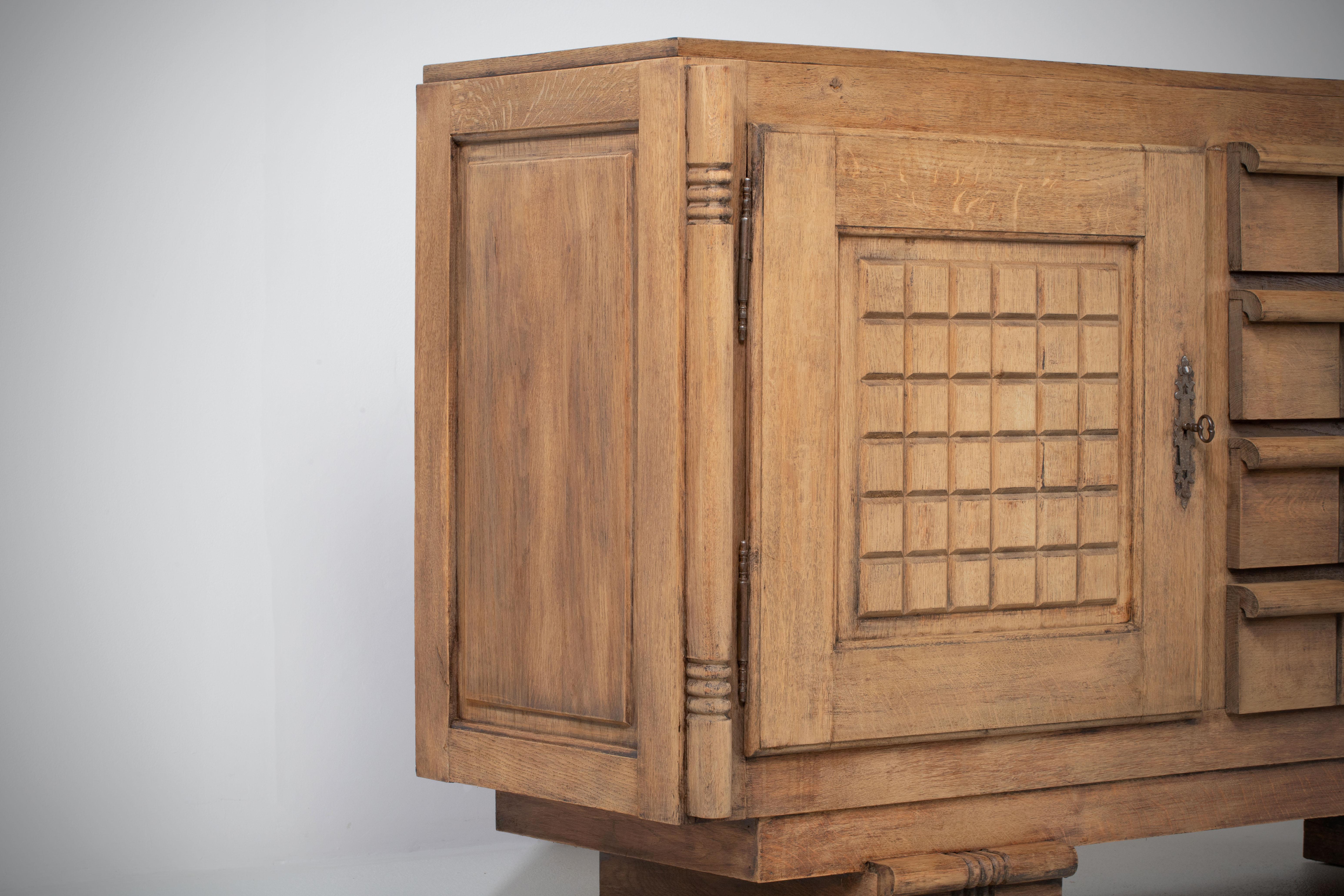 Patinated Solid Oak Credenza, France, 1940s 6