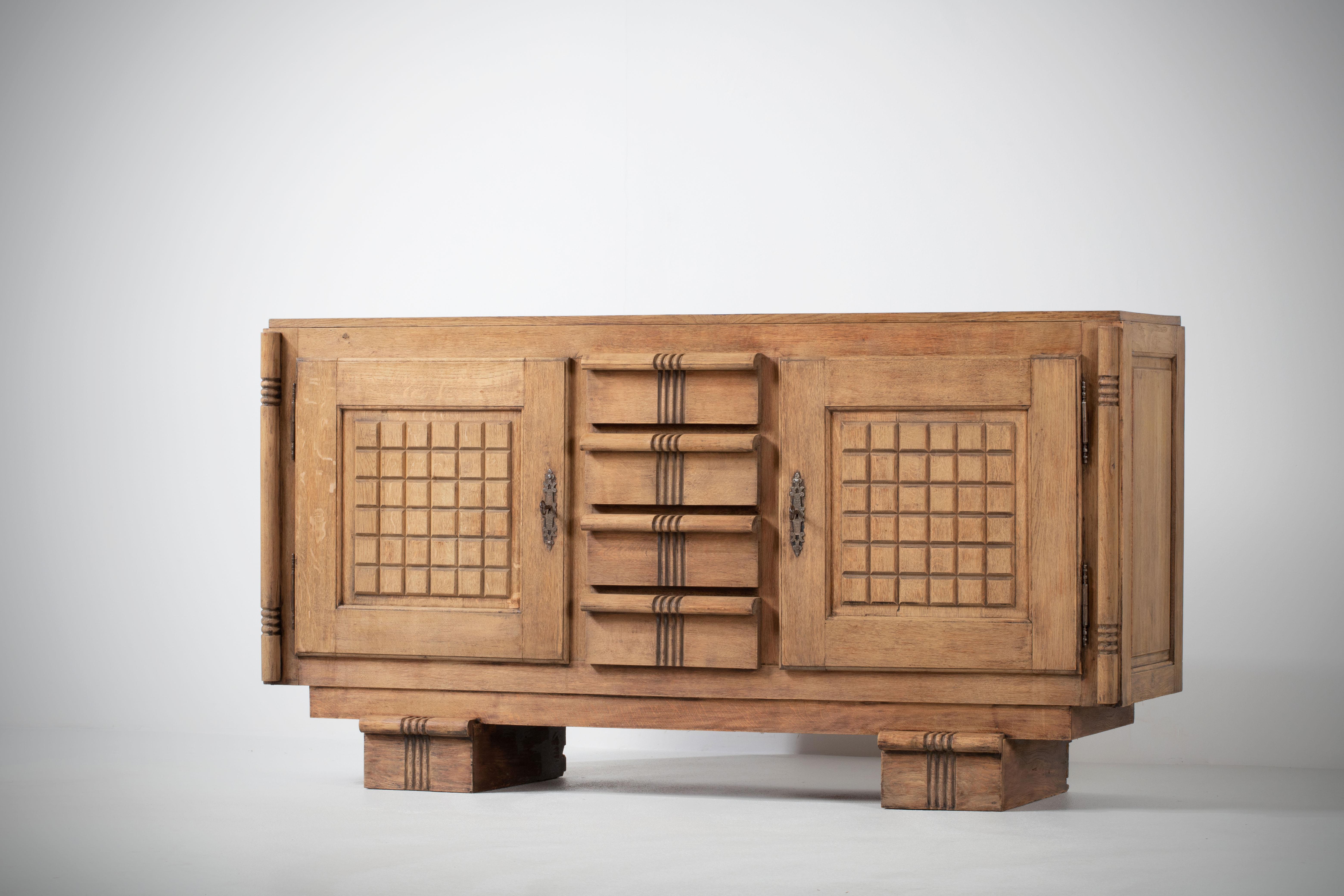 Patinated Solid Oak Credenza, France, 1940s 8
