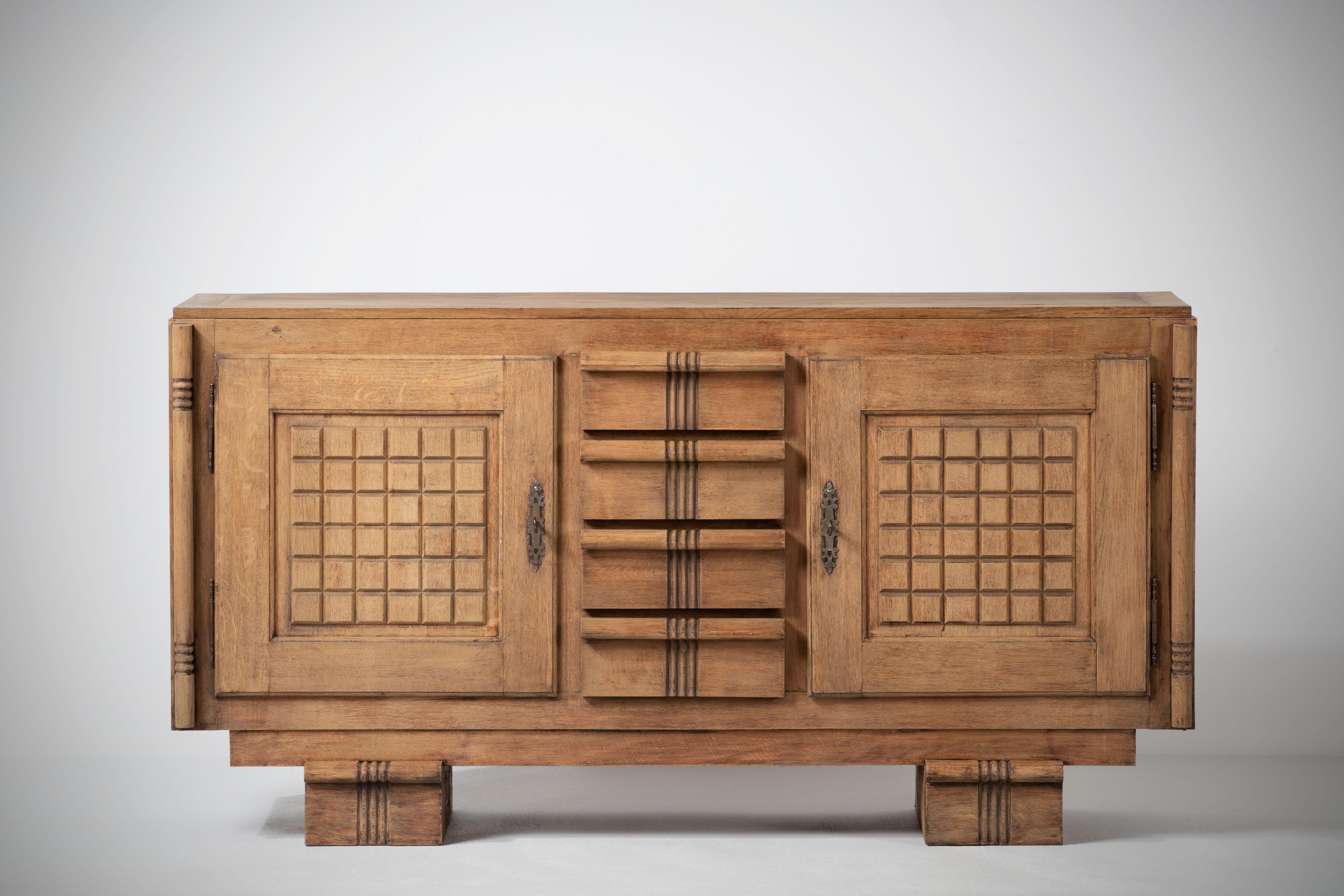 French Patinated Solid Oak Credenza, France, 1940s