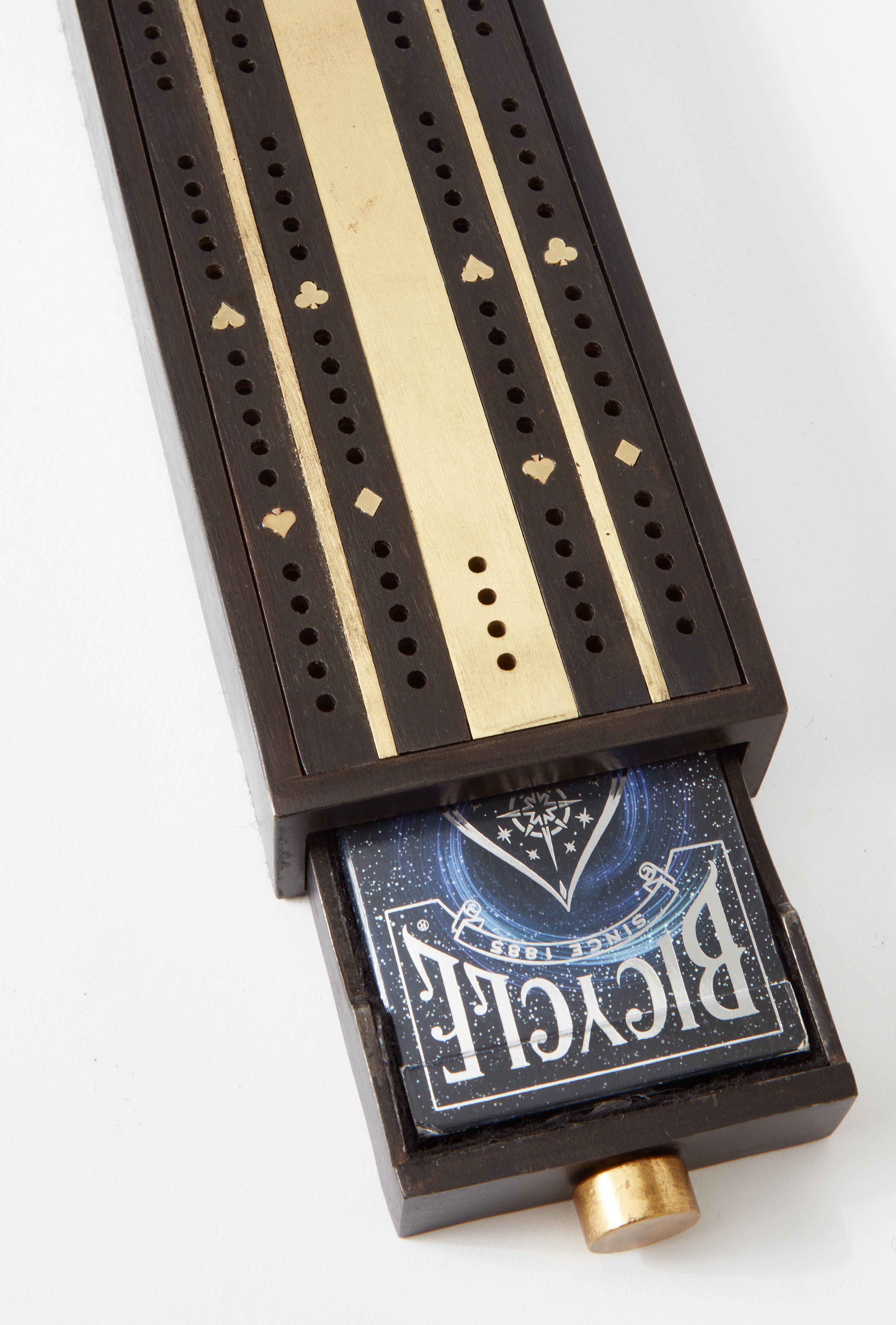 Art Deco Handmade Cribbage Board with Brass Inlay and Magnetic Storage Drawers For Sale