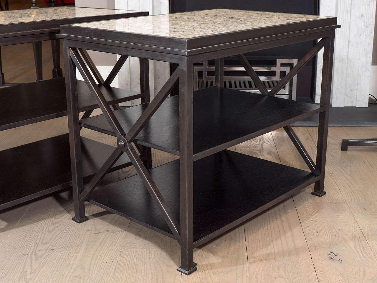American Contemporary Neoclassical Side Tables with Steel Bases and Inset Marble Tops For Sale