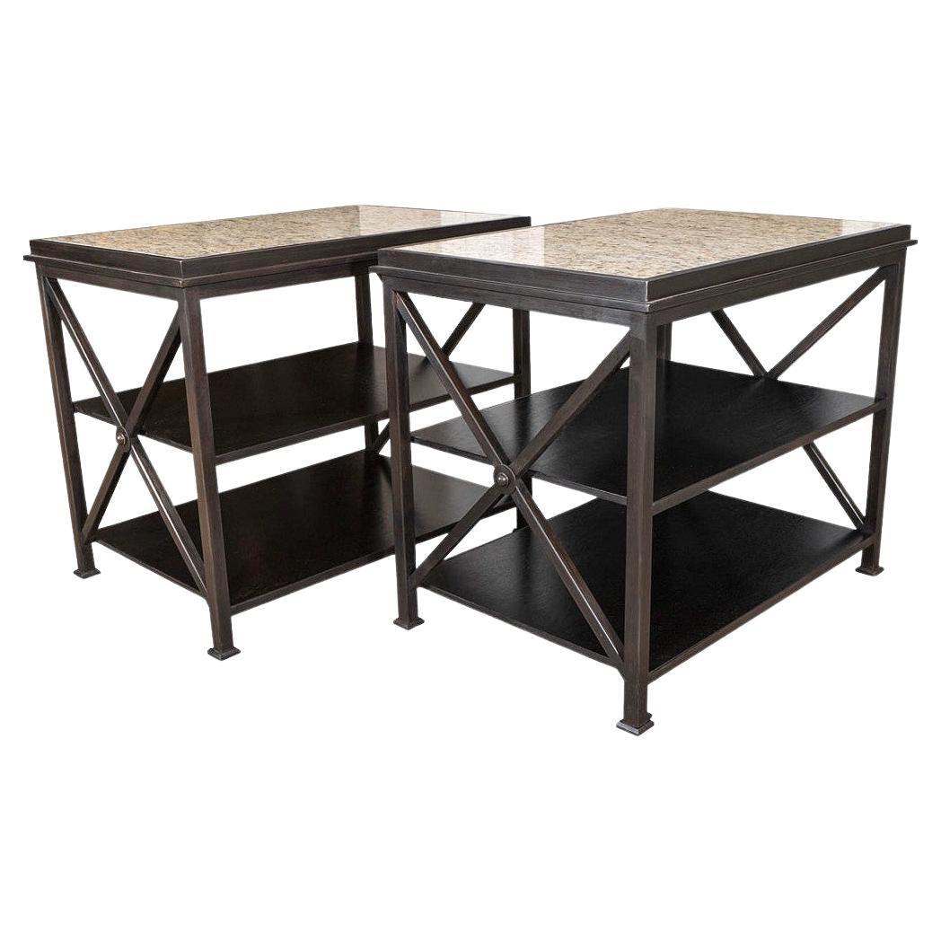 Contemporary Neoclassical Side Tables with Steel Bases and Inset Marble Tops For Sale