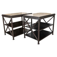 Contemporary Neoclassical Side Tables with Steel Bases and Inset Marble Tops