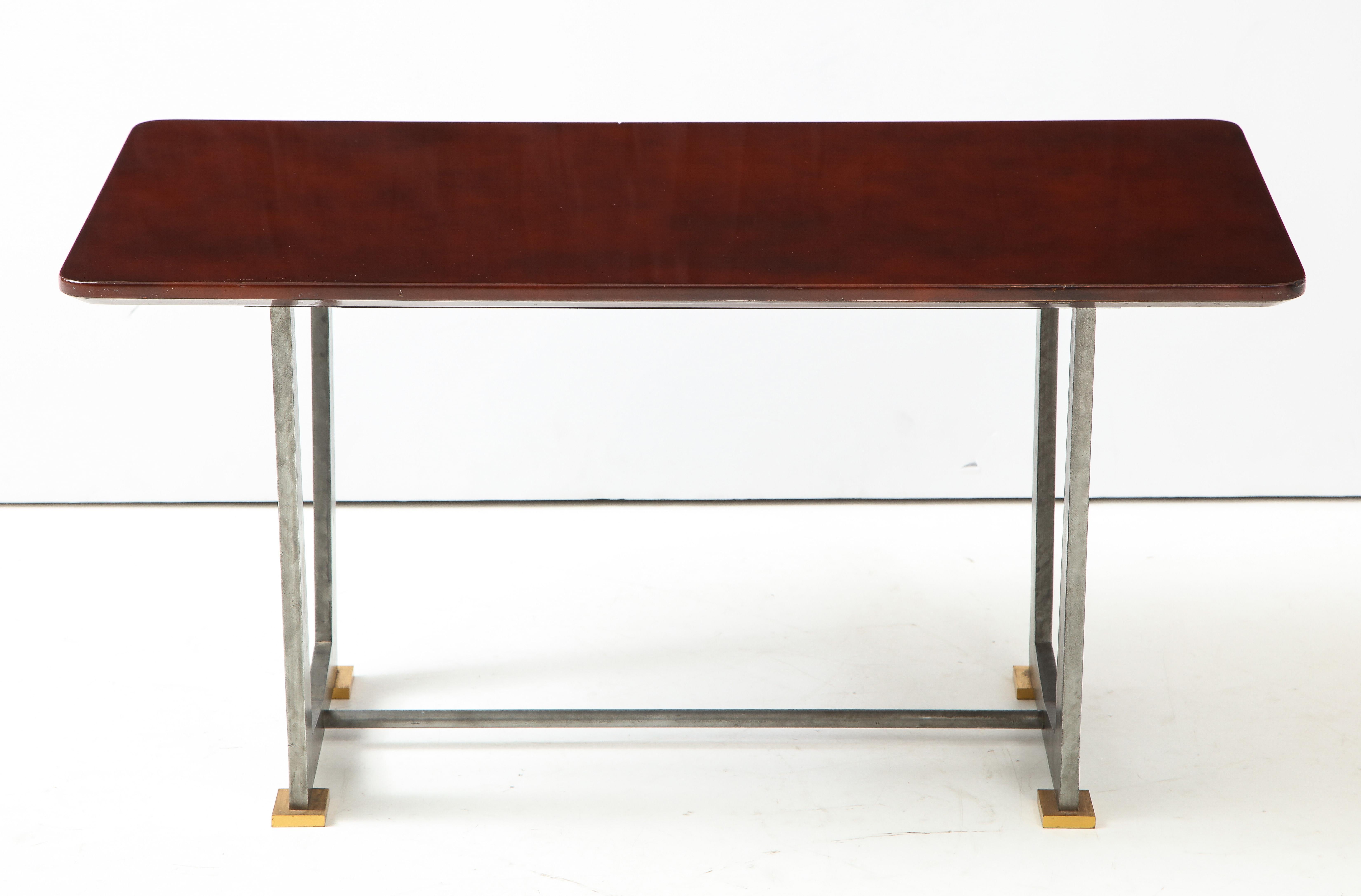 French Patinated Steel, Bronze and Lacquered Wood, Coffee Table by Maison Leleu