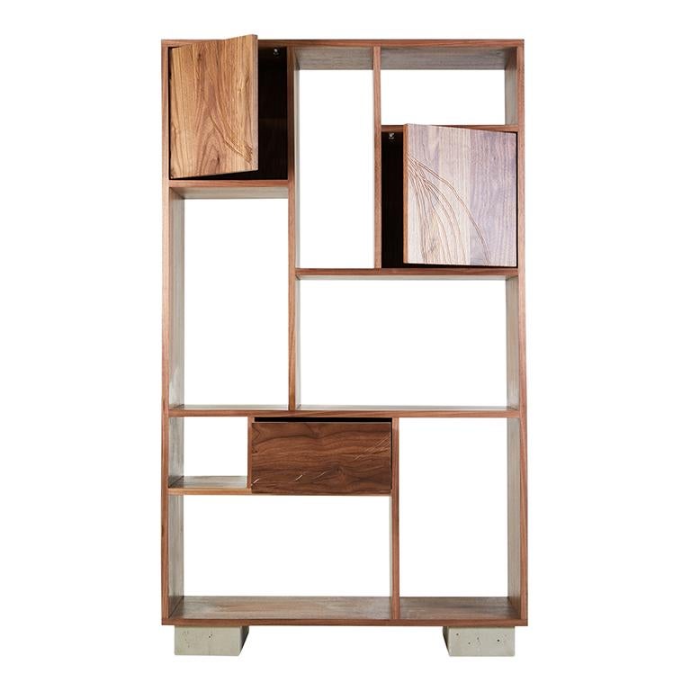 Modern Patinated Steel Étagère Shelving with Solid Walnut Drawn Faces and Concrete Base For Sale