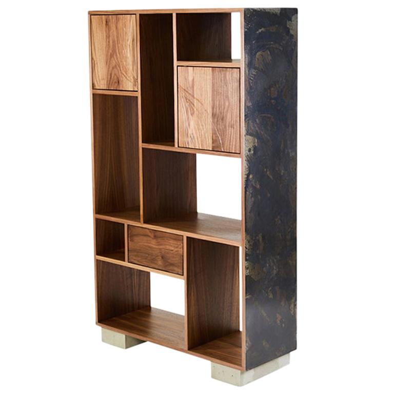 Patinated Steel Étagère Shelving with Solid Walnut Drawn Faces and Concrete Base