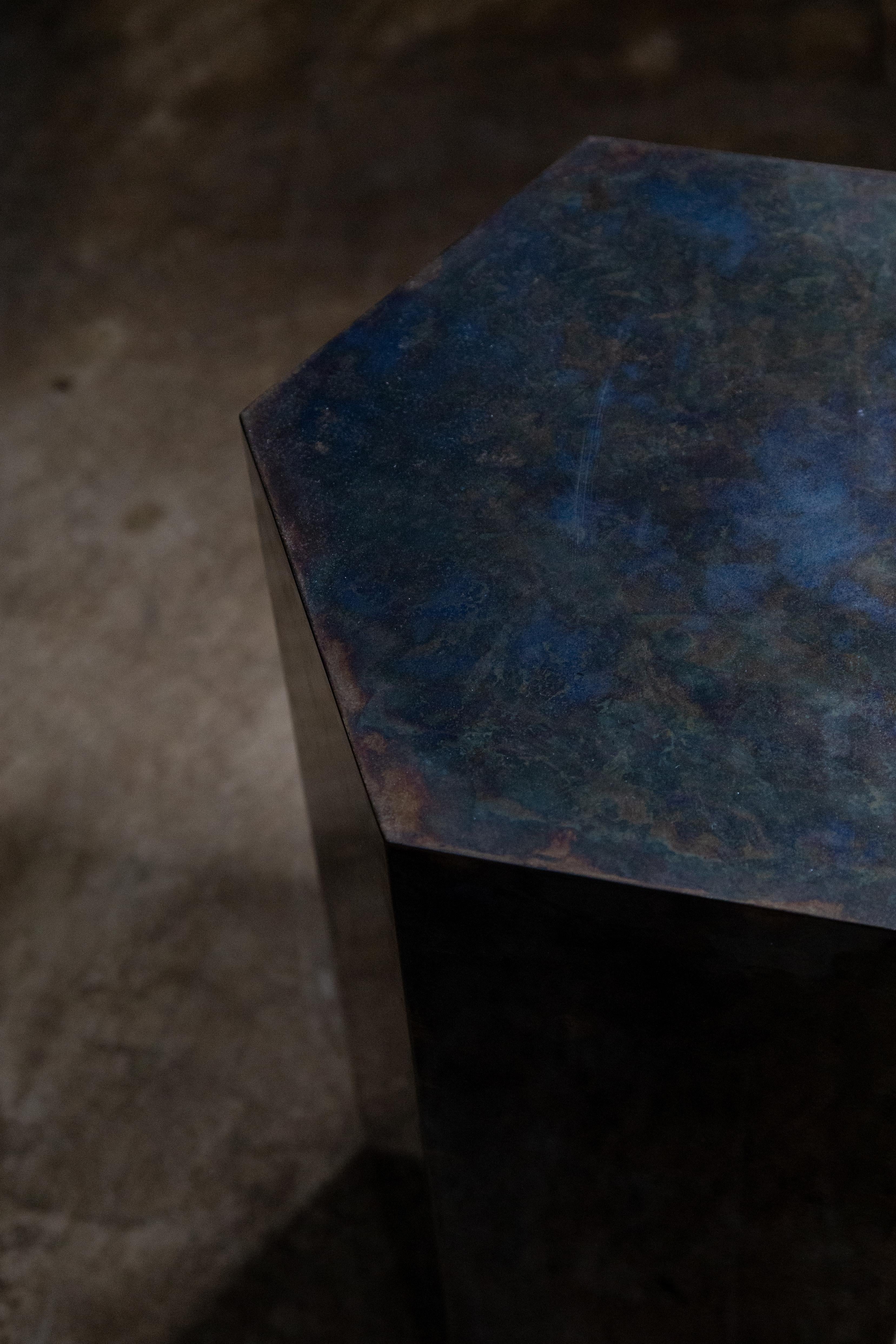 Patinated Steel Modern Side Table by Costantini, Ettore Hex, in Stock  In New Condition For Sale In New York, NY