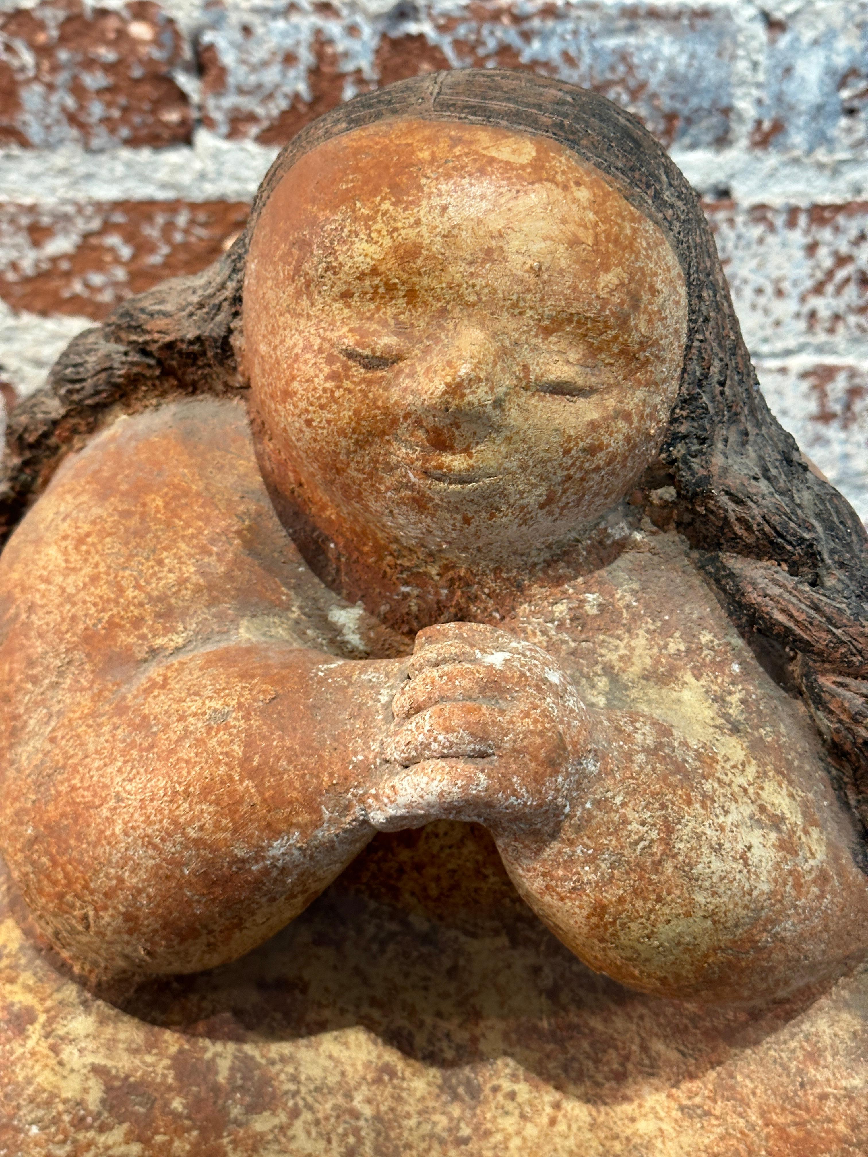 American Patinated Stone of a Meditating Girl in Pyrophyllite Stone For Sale